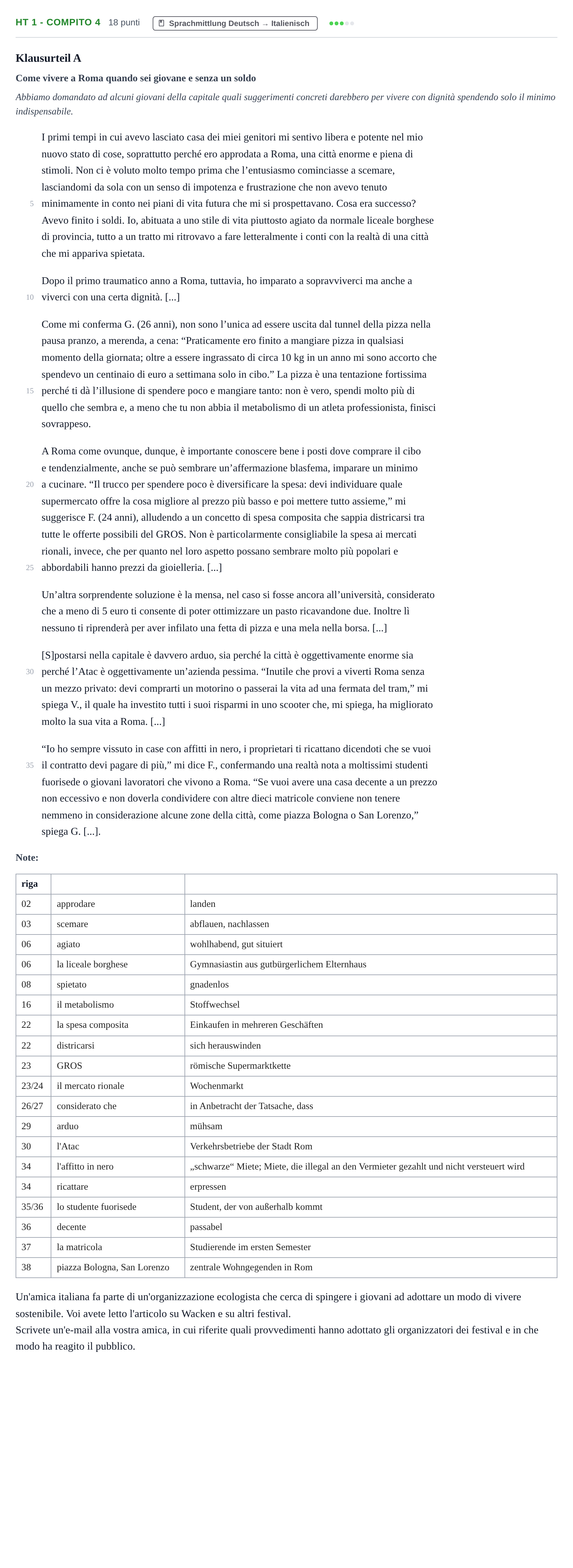 Aufgabenstellung: Aufgabe HT 1 - Compito 4 · Abitur NRW Italienisch GK · Haupttermin · neu einsetzend 2021