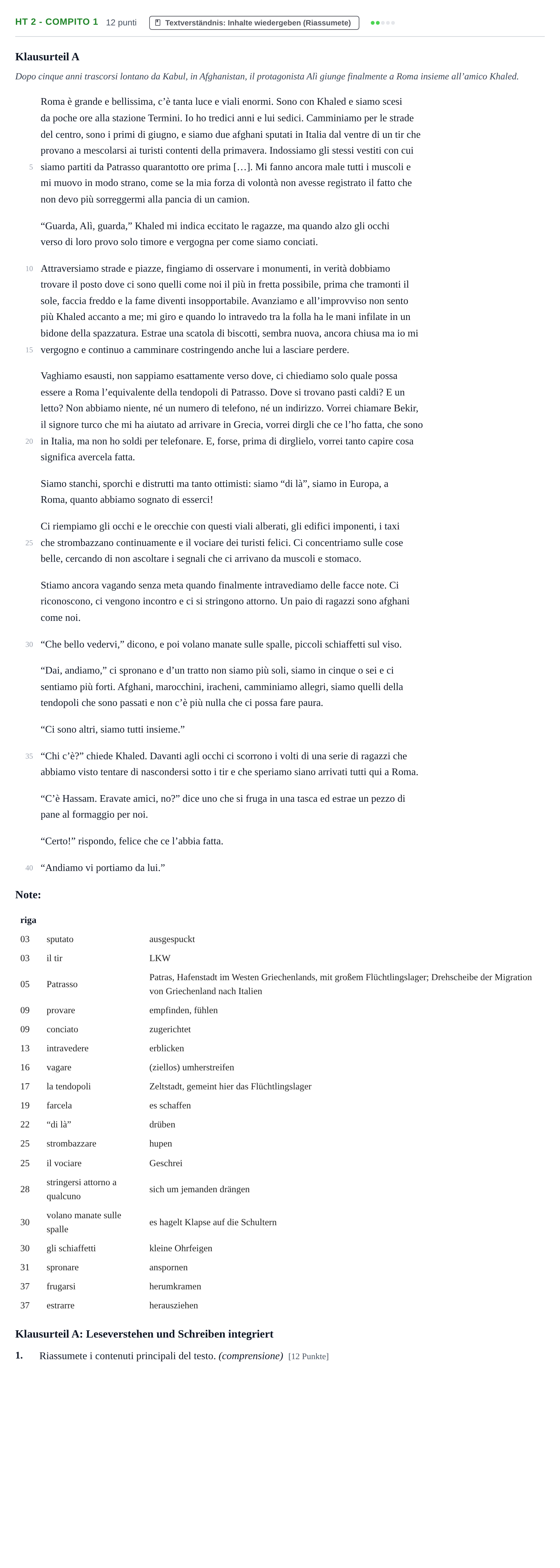 Aufgabenstellung: Aufgabe HT 2 - Compito 1 · Abitur NRW Italienisch GK · Haupttermin · neu einsetzend 2021