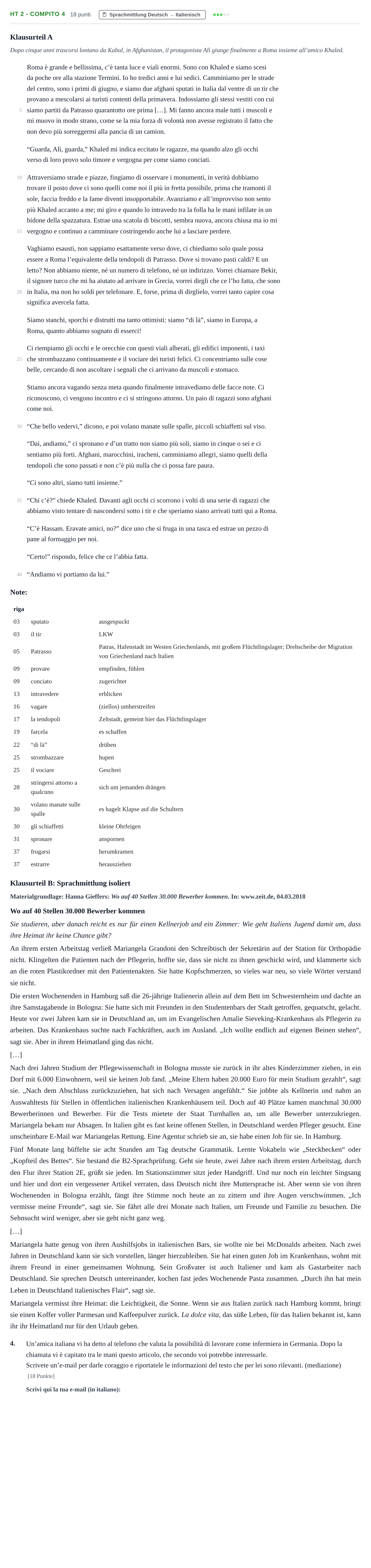 Aufgabenstellung: Aufgabe HT 2 - Compito 4 · Abitur NRW Italienisch GK · Haupttermin · neu einsetzend 2021