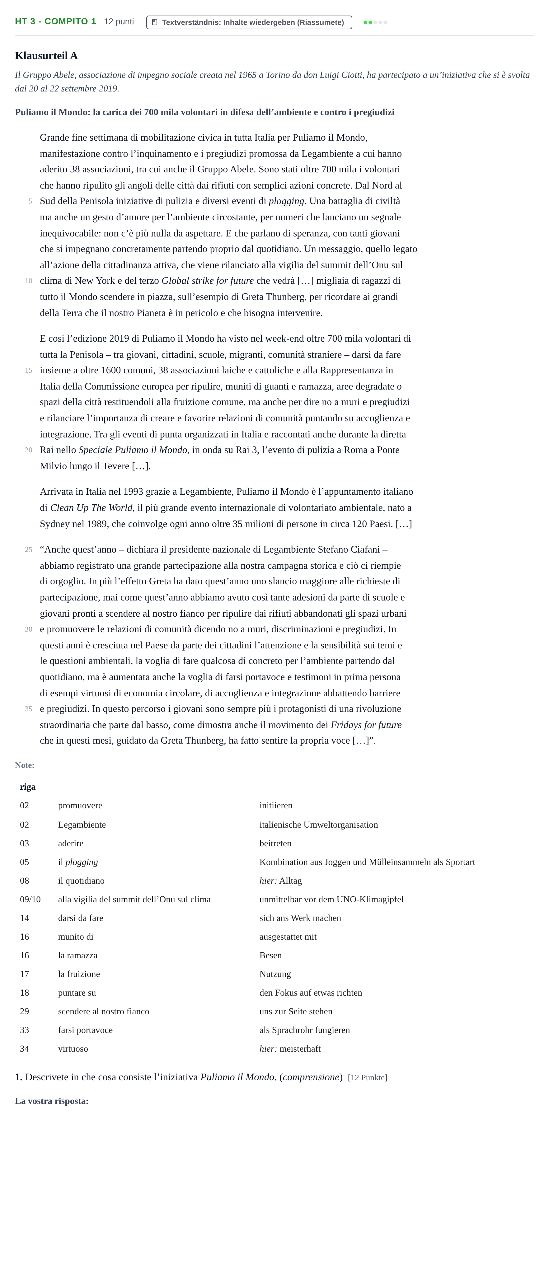 Aufgabenstellung: Aufgabe HT 3 - Compito 1 · Abitur NRW Italienisch GK · Haupttermin · neu einsetzend 2021