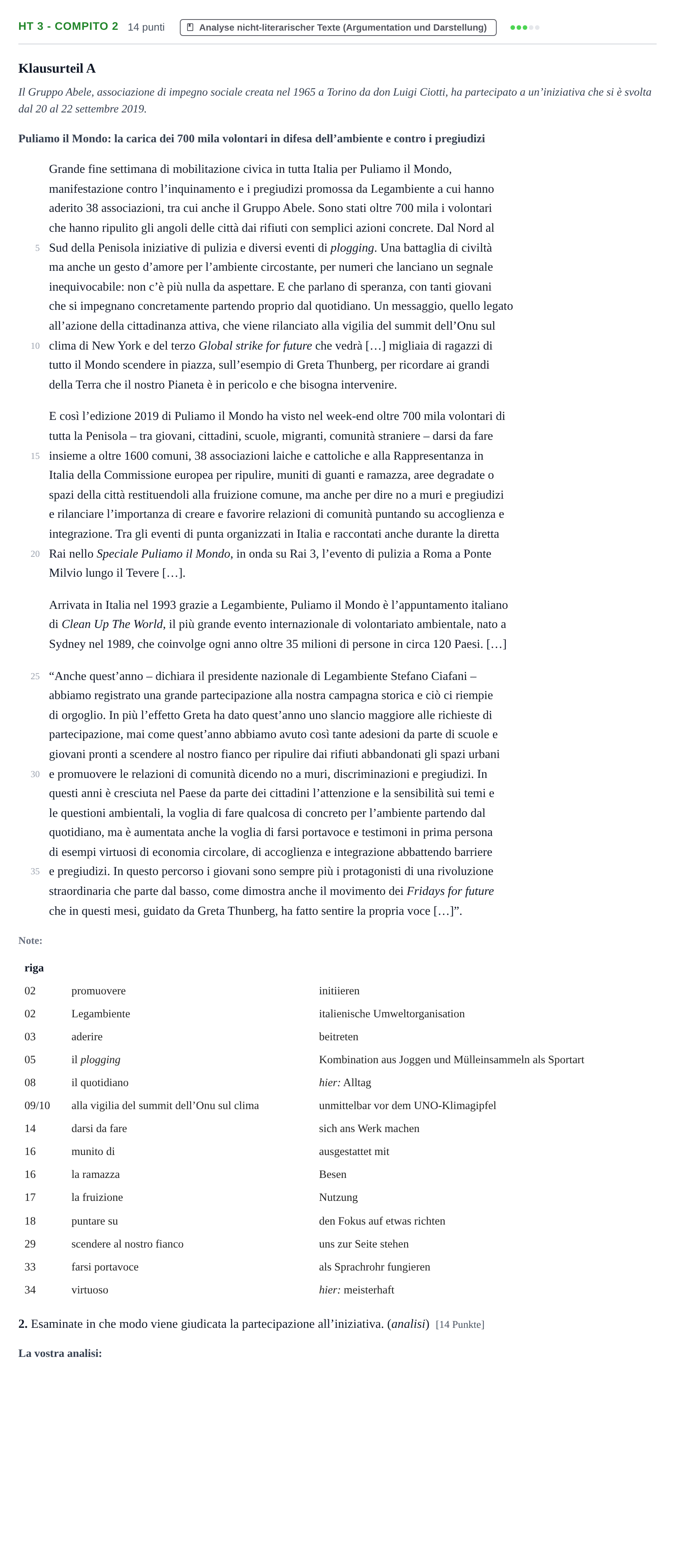 Aufgabenstellung: Aufgabe HT 3 - Compito 2 · Abitur NRW Italienisch GK · Haupttermin · neu einsetzend 2021