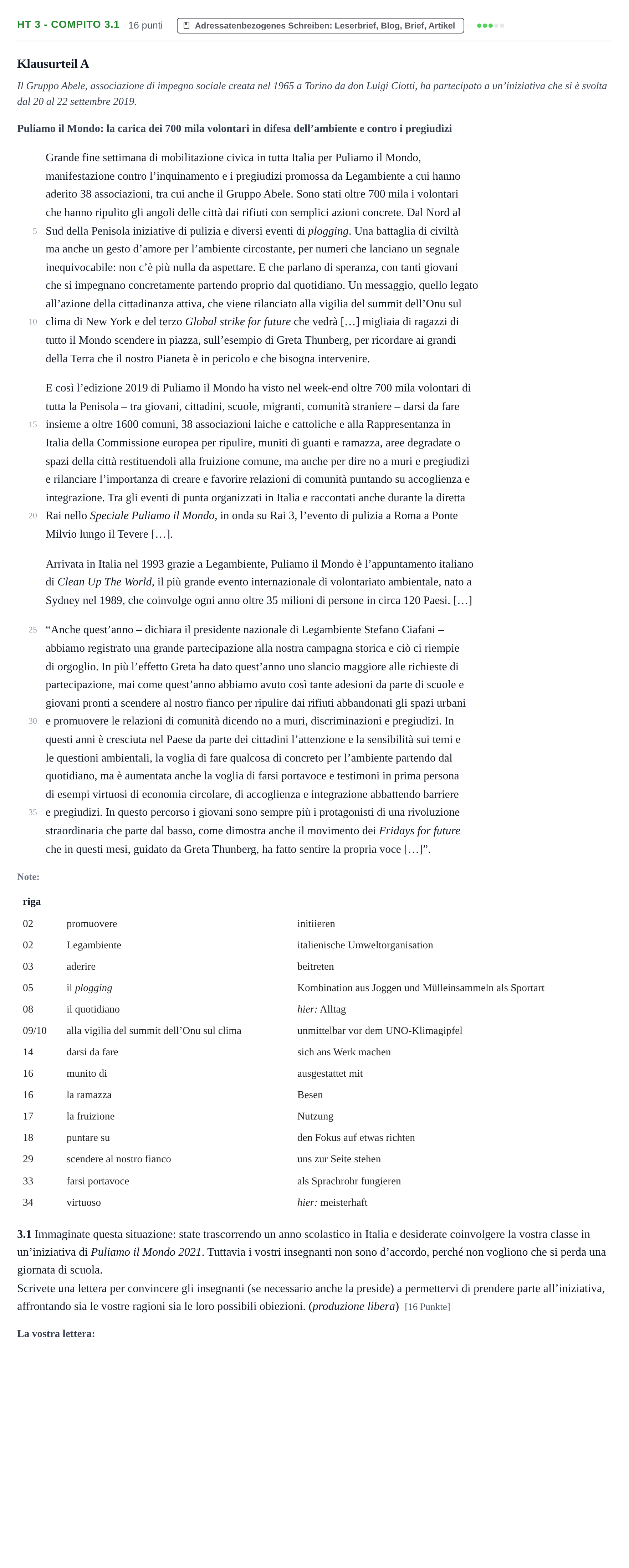 Aufgabenstellung: Aufgabe HT 3 - Compito 3.1 · Abitur NRW Italienisch GK · Haupttermin · neu einsetzend 2021