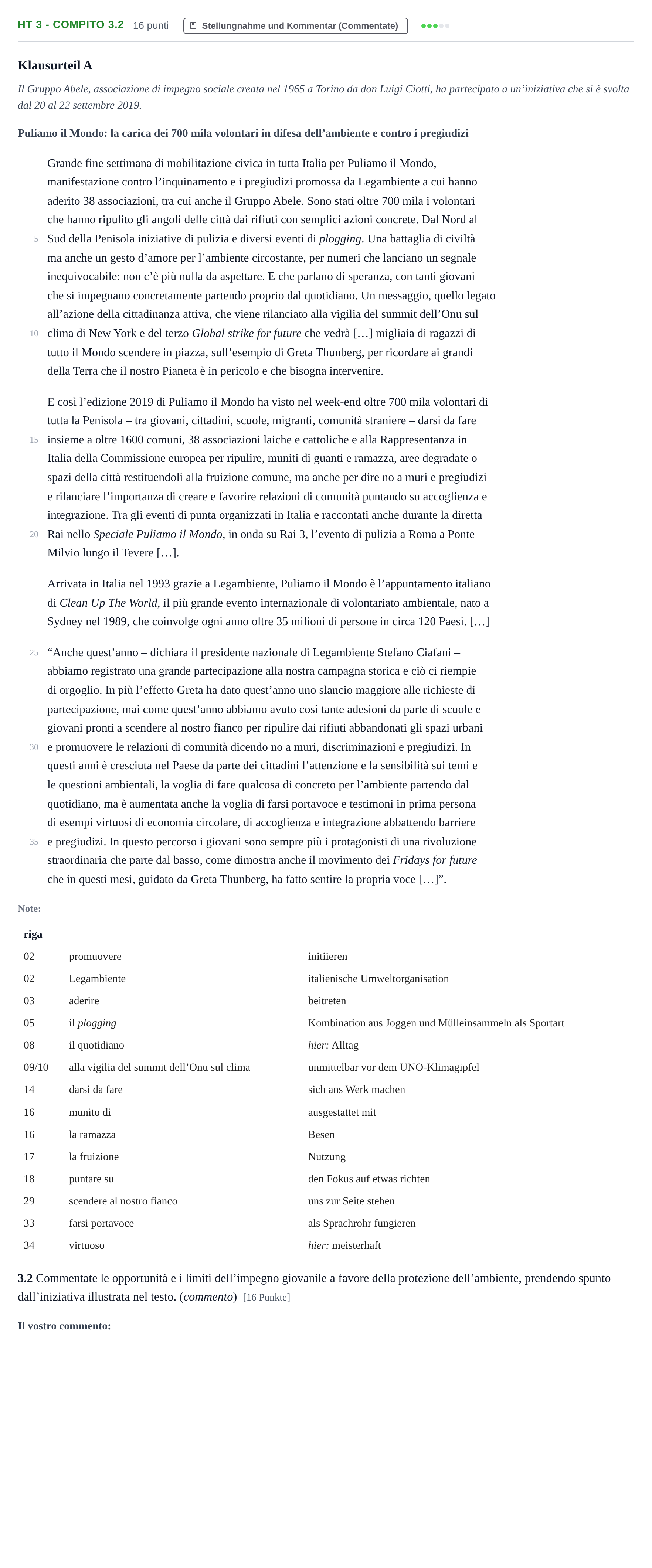 Aufgabenstellung: Aufgabe HT 3 - Compito 3.2 · Abitur NRW Italienisch GK · Haupttermin · neu einsetzend 2021
