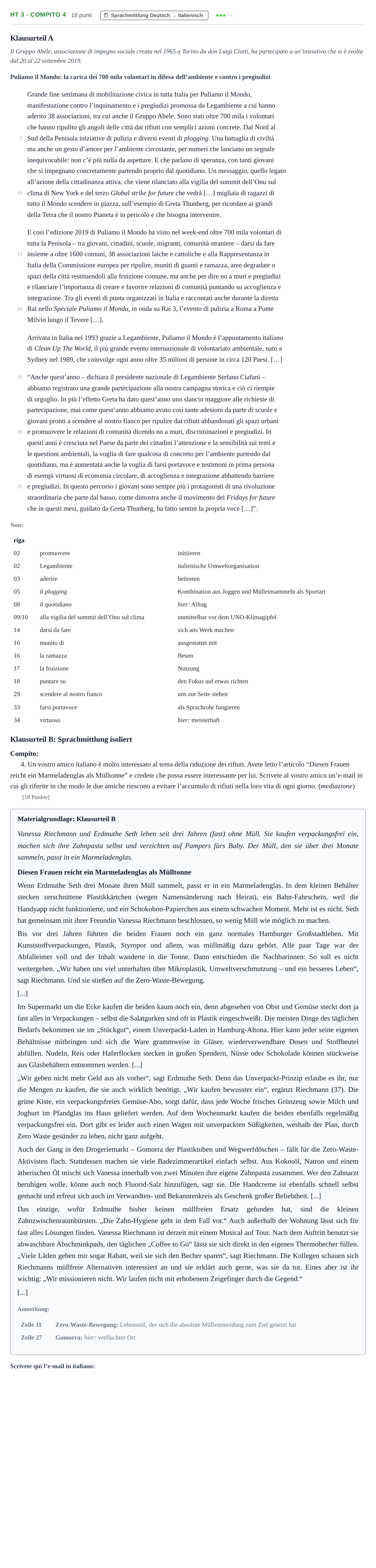 Aufgabenstellung: Aufgabe HT 3 - Compito 4 · Abitur NRW Italienisch GK · Haupttermin · neu einsetzend 2021
