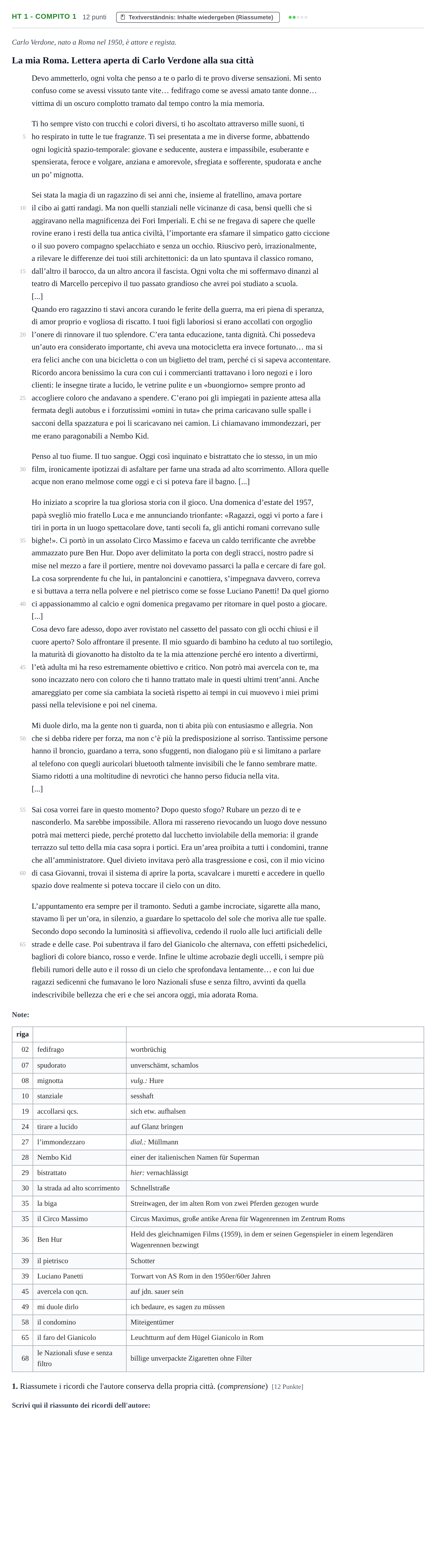 Aufgabenstellung: Aufgabe HT 1 - Compito 1 · Abitur NRW Italienisch LK · Haupttermin · fortgeführt 2021