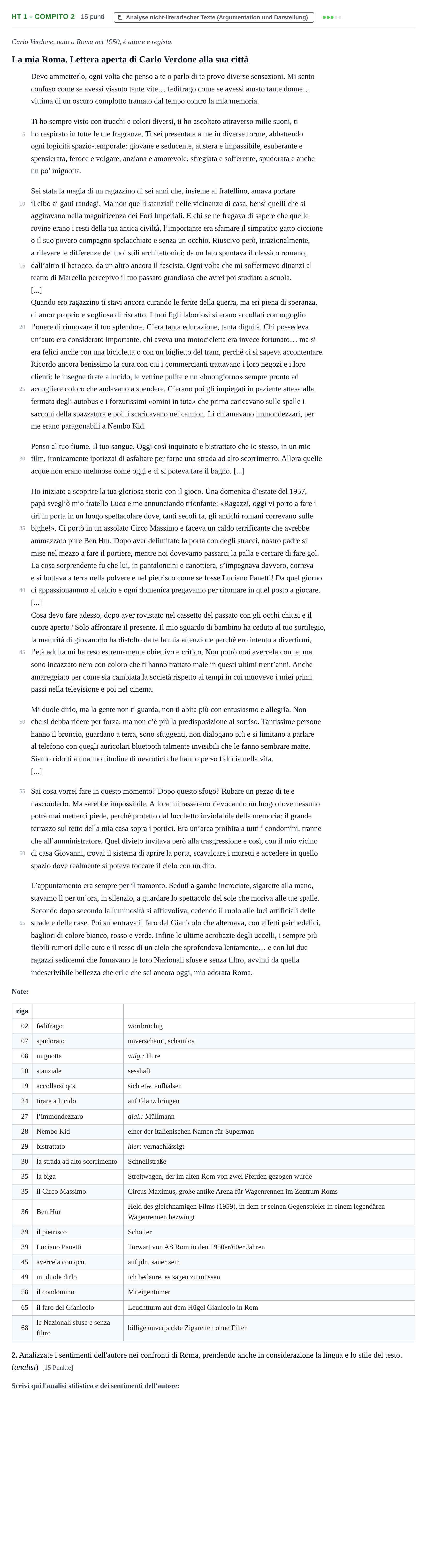 Aufgabenstellung: Aufgabe HT 1 - Compito 2 · Abitur NRW Italienisch LK · Haupttermin · fortgeführt 2021
