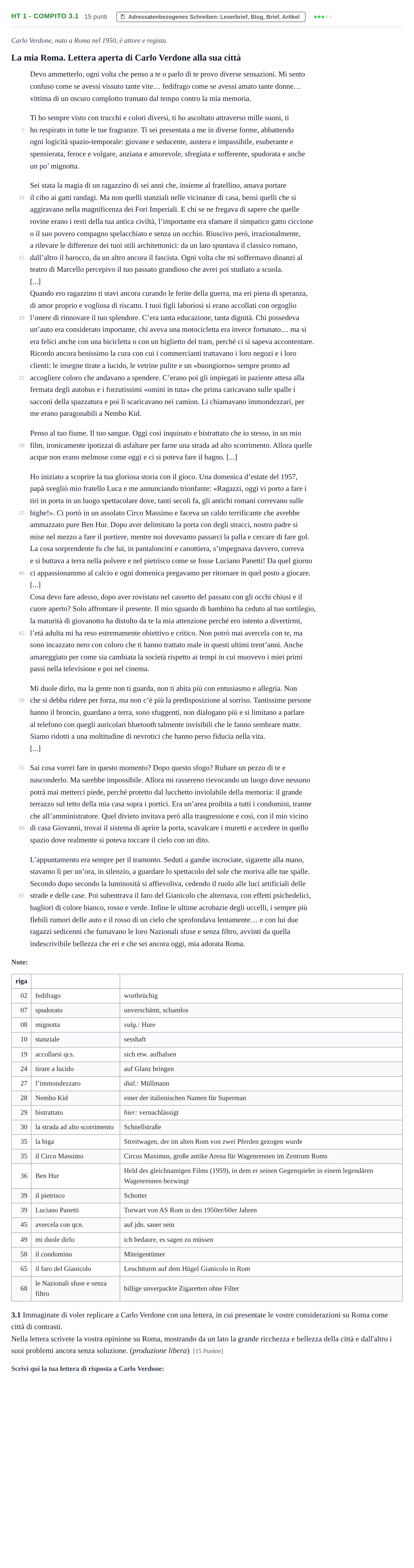 Aufgabenstellung: Aufgabe HT 1 - Compito 3.1 · Abitur NRW Italienisch LK · Haupttermin · fortgeführt 2021