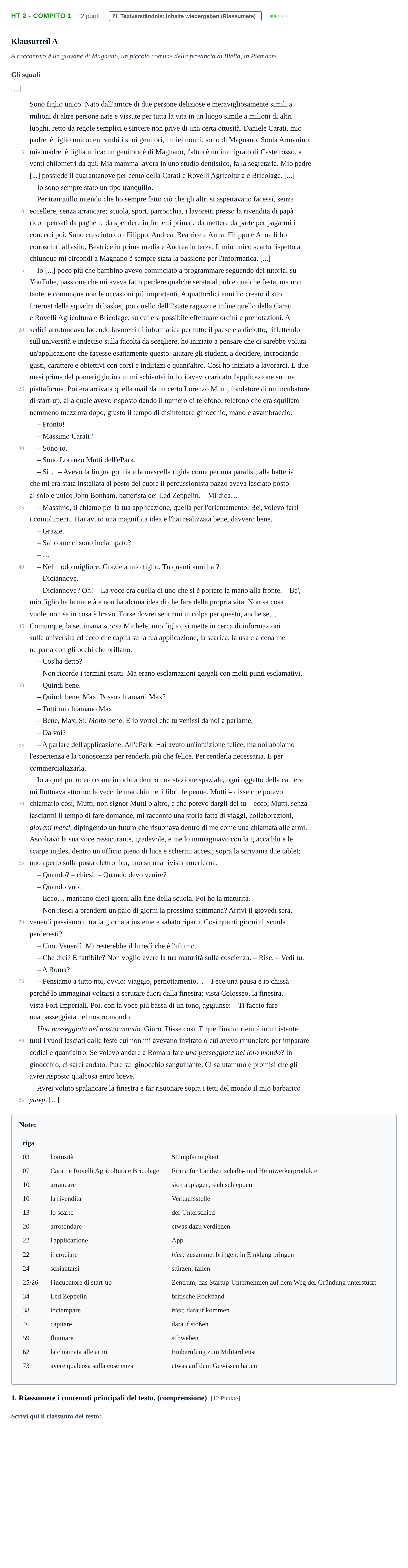 Aufgabenstellung: Aufgabe HT 2 - Compito 1 · Abitur NRW Italienisch LK · Haupttermin · fortgeführt 2021