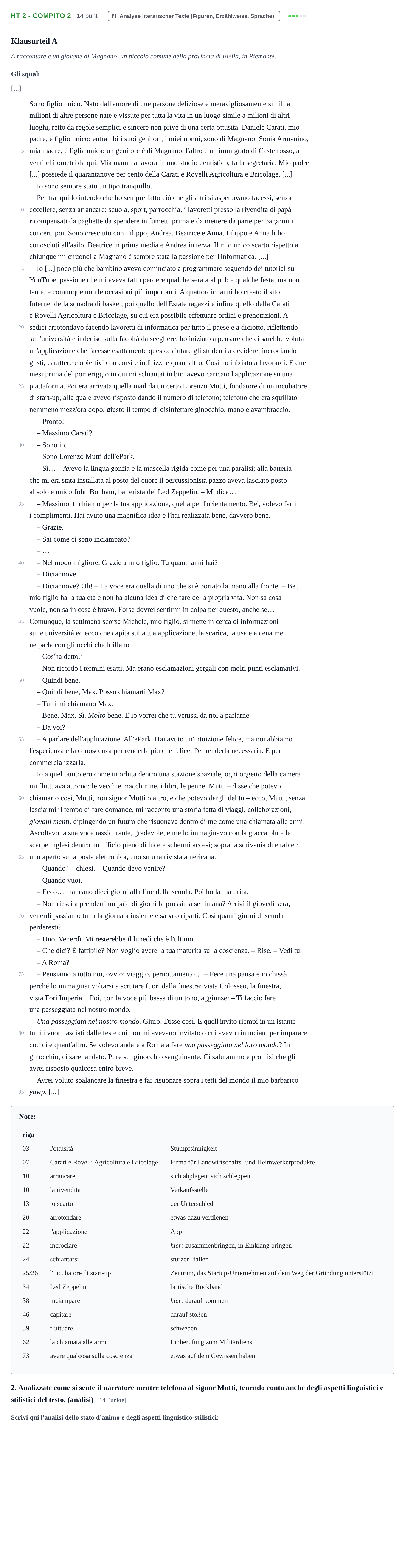 Aufgabenstellung: Aufgabe HT 2 - Compito 2 · Abitur NRW Italienisch LK · Haupttermin · fortgeführt 2021