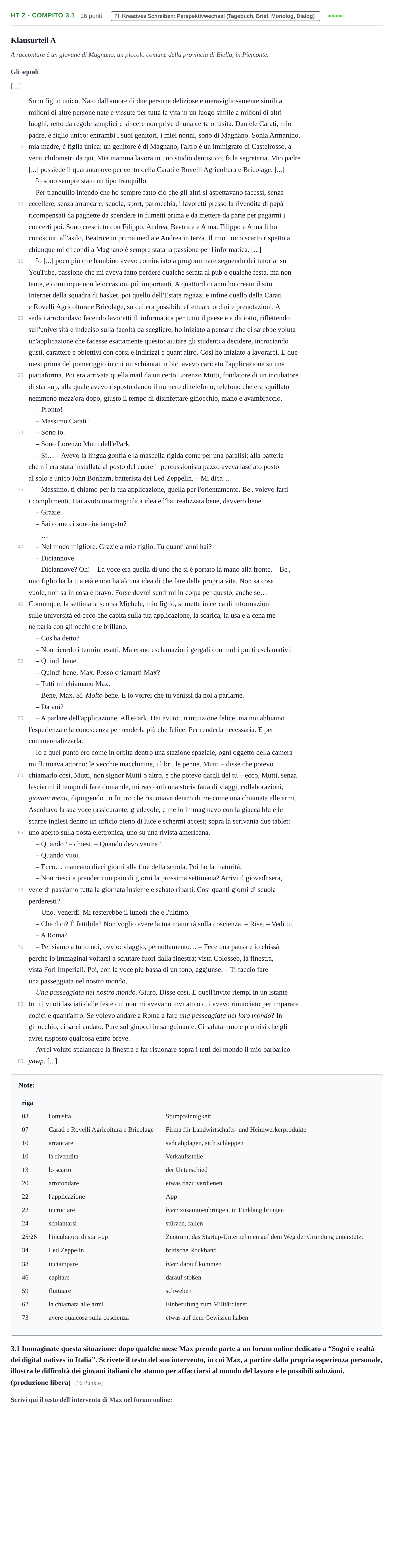 Aufgabenstellung: Aufgabe HT 2 - Compito 3.1 · Abitur NRW Italienisch LK · Haupttermin · fortgeführt 2021