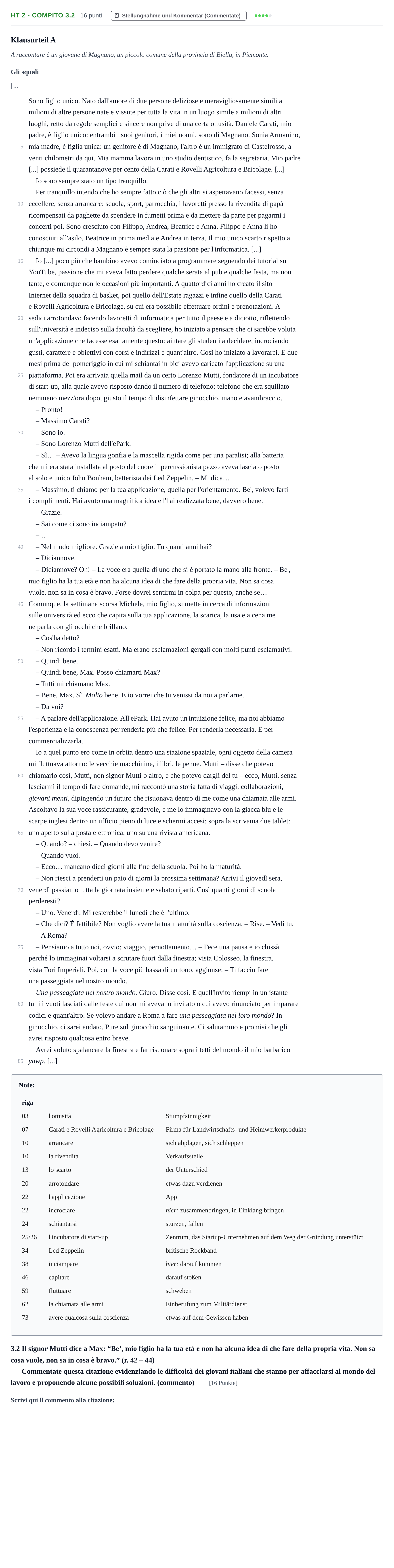 Aufgabenstellung: Aufgabe HT 2 - Compito 3.2 · Abitur NRW Italienisch LK · Haupttermin · fortgeführt 2021