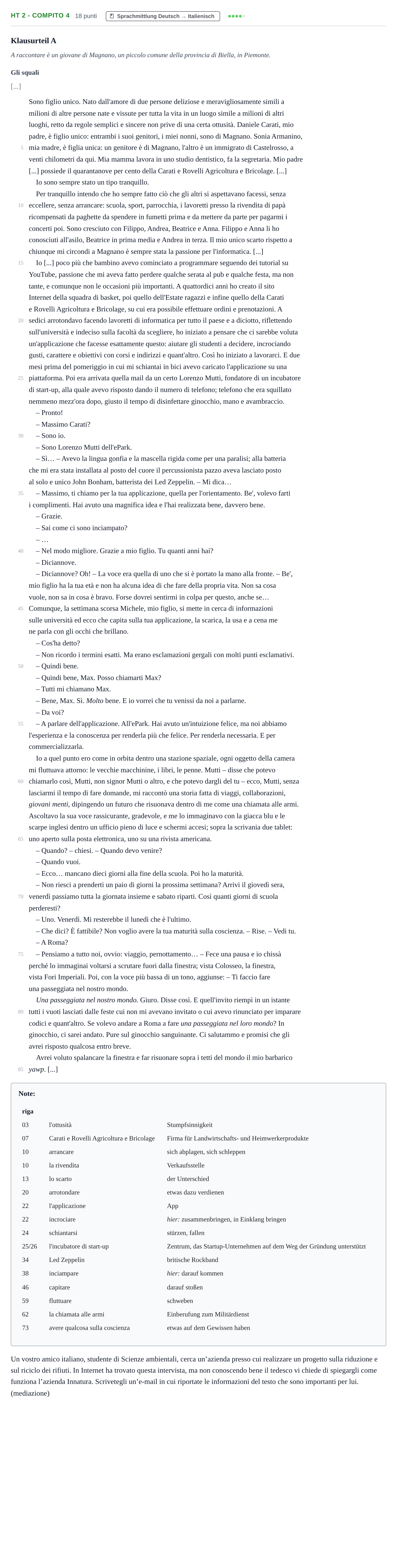 Aufgabenstellung: Aufgabe HT 2 - Compito 4 · Abitur NRW Italienisch LK · Haupttermin · fortgeführt 2021