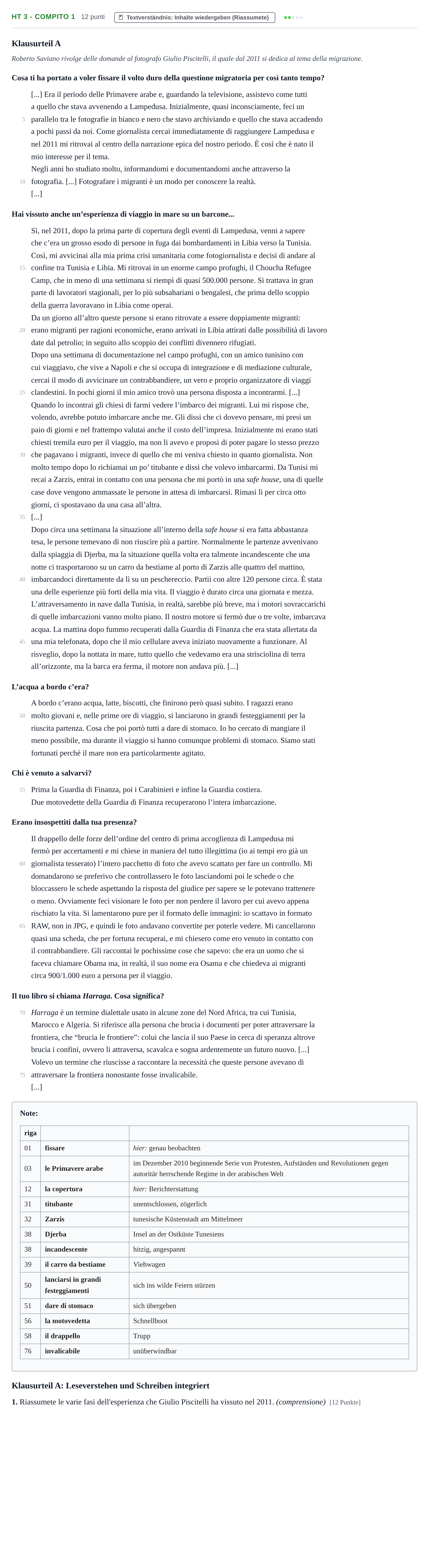 Aufgabenstellung: Aufgabe HT 3 - Compito 1 · Abitur NRW Italienisch LK · Haupttermin · fortgeführt 2021