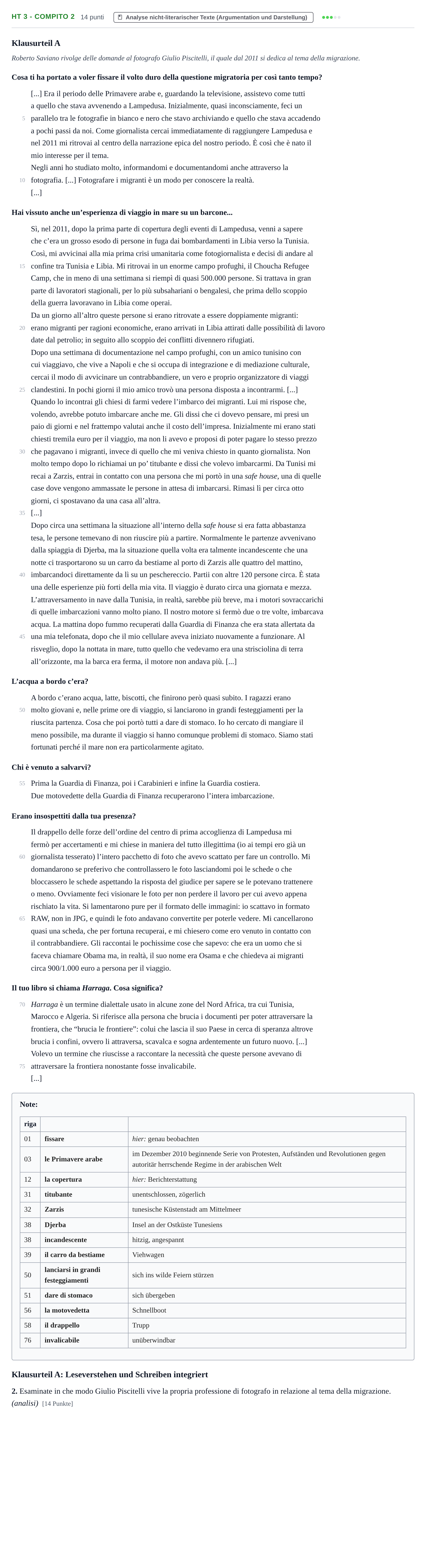 Aufgabenstellung: Aufgabe HT 3 - Compito 2 · Abitur NRW Italienisch LK · Haupttermin · fortgeführt 2021