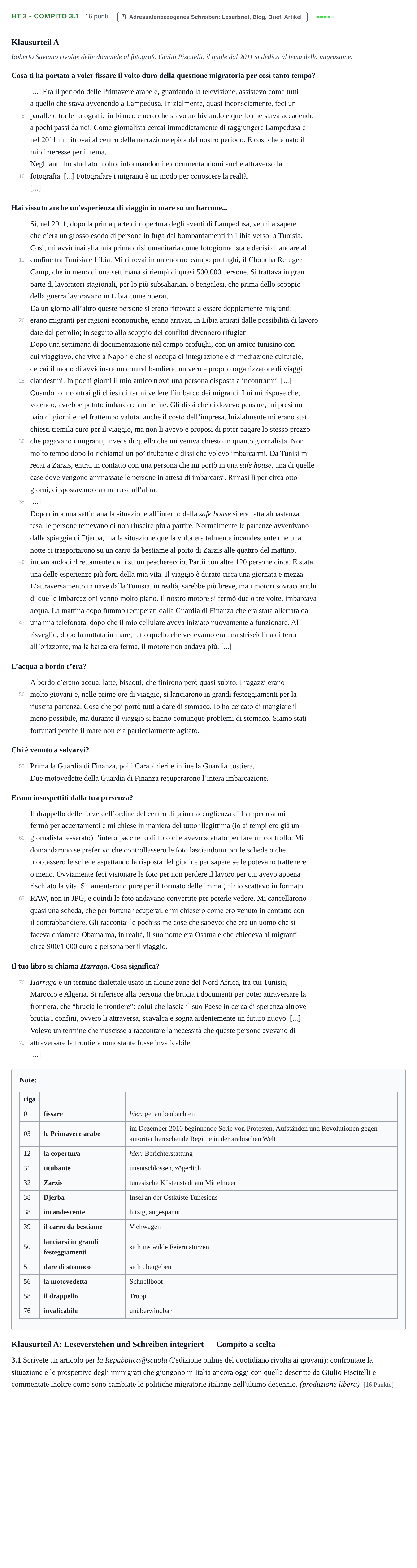 Aufgabenstellung: Aufgabe HT 3 - Compito 3.1 · Abitur NRW Italienisch LK · Haupttermin · fortgeführt 2021