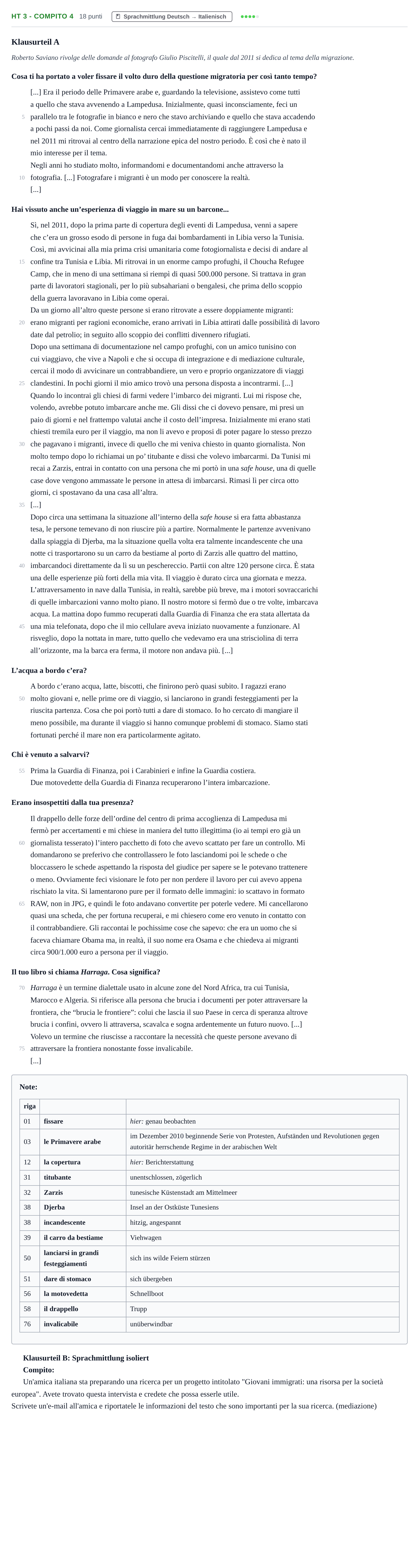 Aufgabenstellung: Aufgabe HT 3 - Compito 4 · Abitur NRW Italienisch LK · Haupttermin · fortgeführt 2021