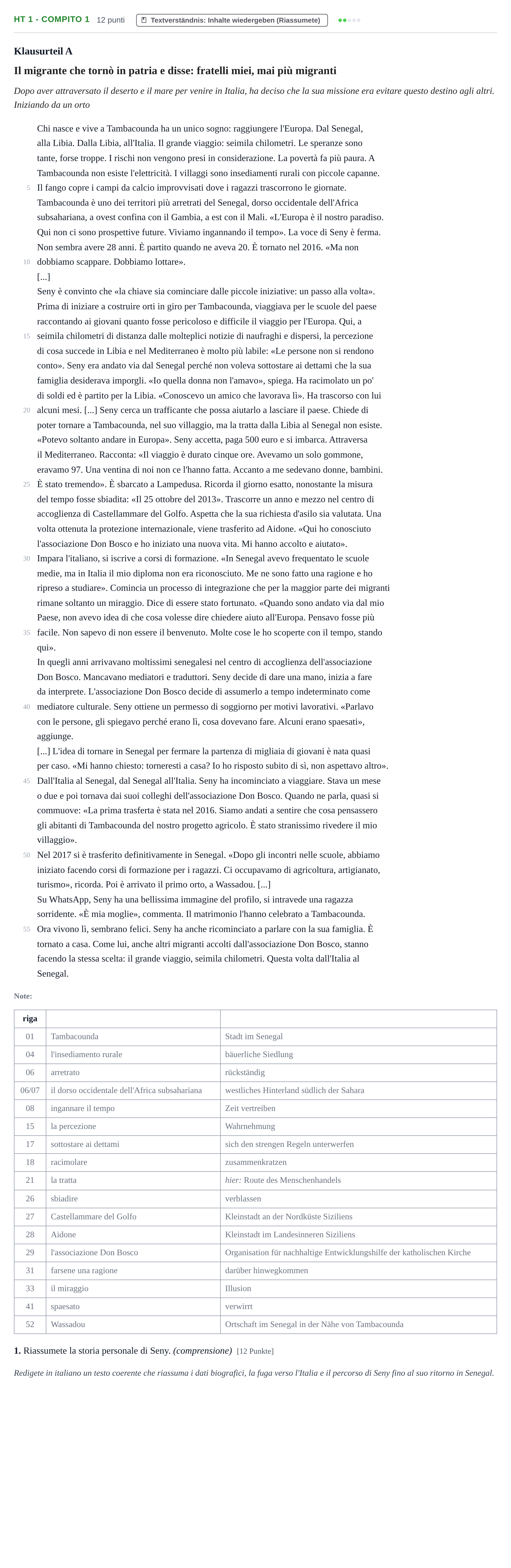 Aufgabenstellung: Aufgabe HT 1 - Compito 1 · Abitur NRW Italienisch GK · Haupttermin · fortgeführt 2022