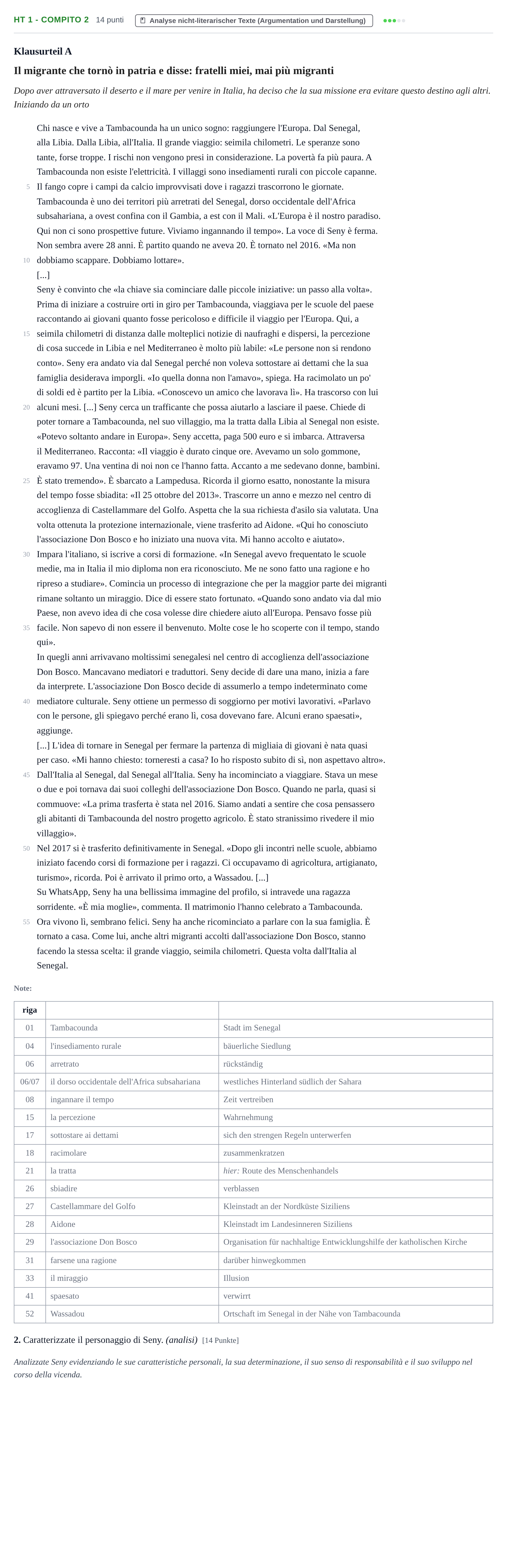 Aufgabenstellung: Aufgabe HT 1 - Compito 2 · Abitur NRW Italienisch GK · Haupttermin · fortgeführt 2022