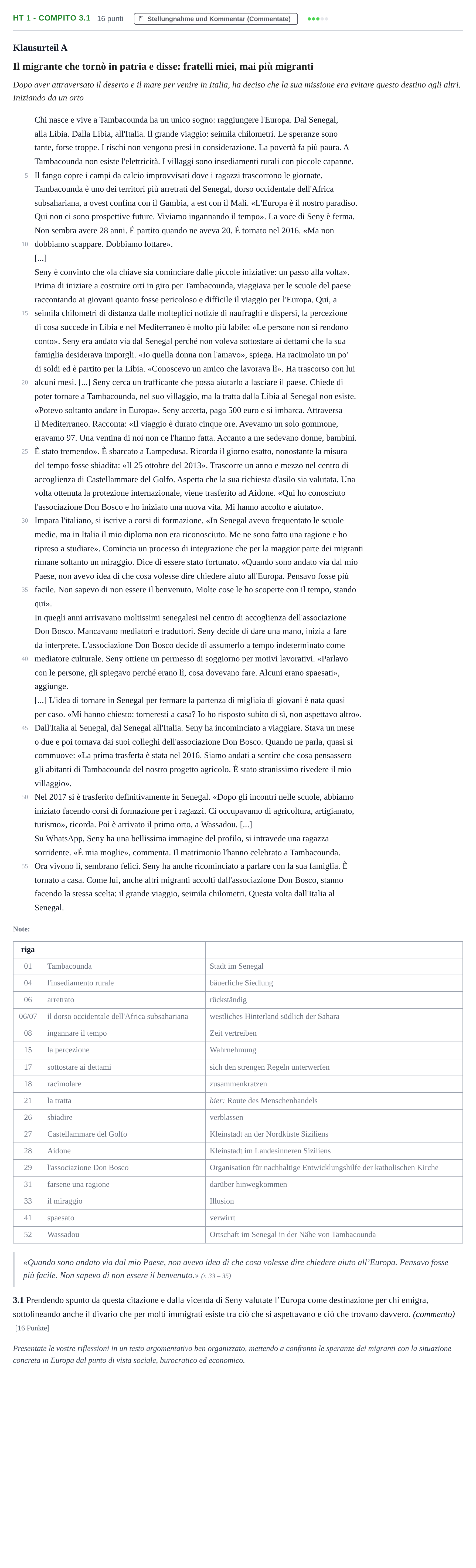 Aufgabenstellung: Aufgabe HT 1 - Compito 3.1 · Abitur NRW Italienisch GK · Haupttermin · fortgeführt 2022