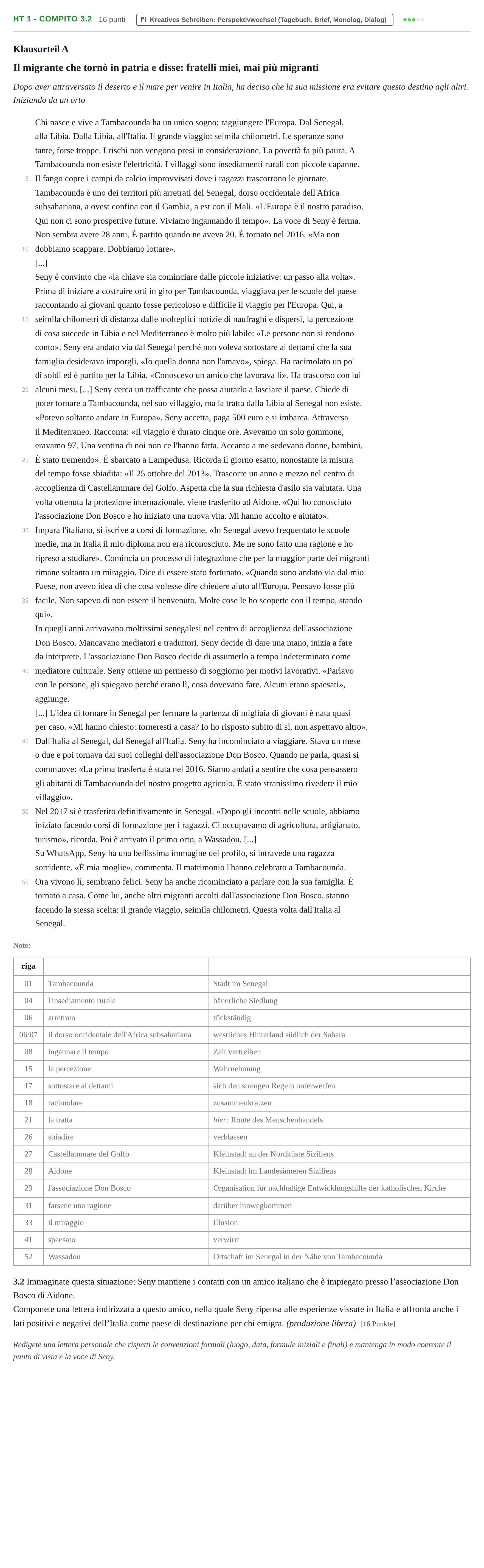 Aufgabenstellung: Aufgabe HT 1 - Compito 3.2 · Abitur NRW Italienisch GK · Haupttermin · fortgeführt 2022
