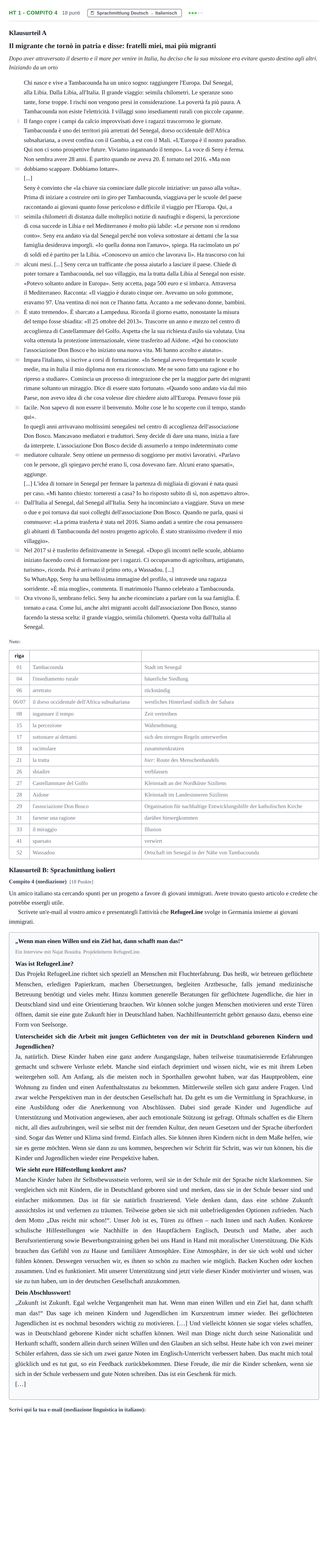 Aufgabenstellung: Aufgabe HT 1 - Compito 4 · Abitur NRW Italienisch GK · Haupttermin · fortgeführt 2022