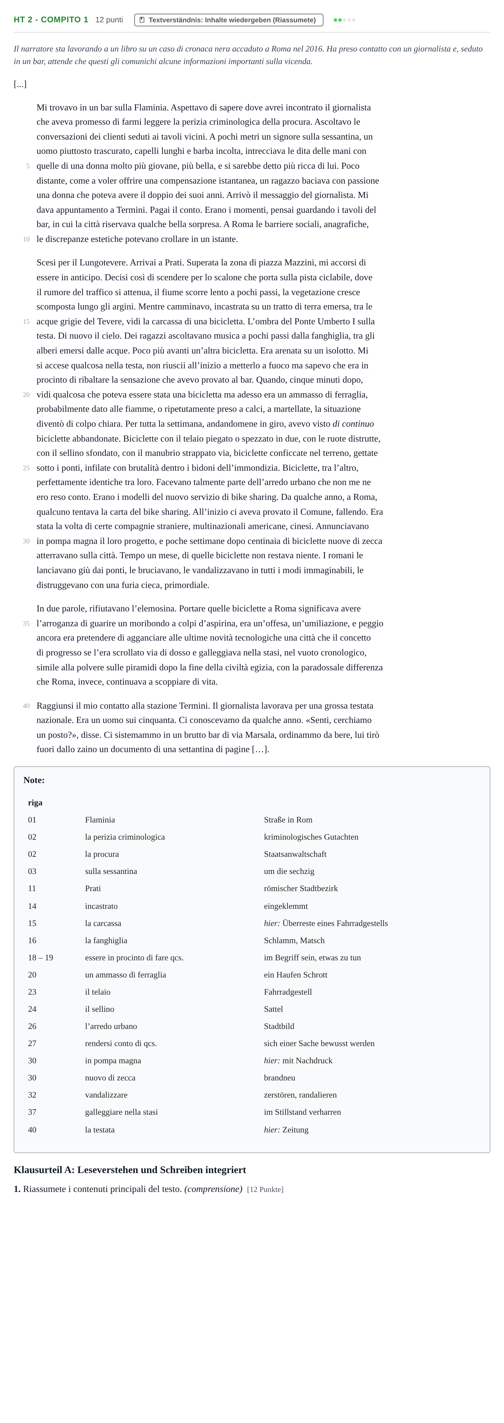 Aufgabenstellung: Aufgabe HT 2 - Compito 1 · Abitur NRW Italienisch GK · Haupttermin · fortgeführt 2022