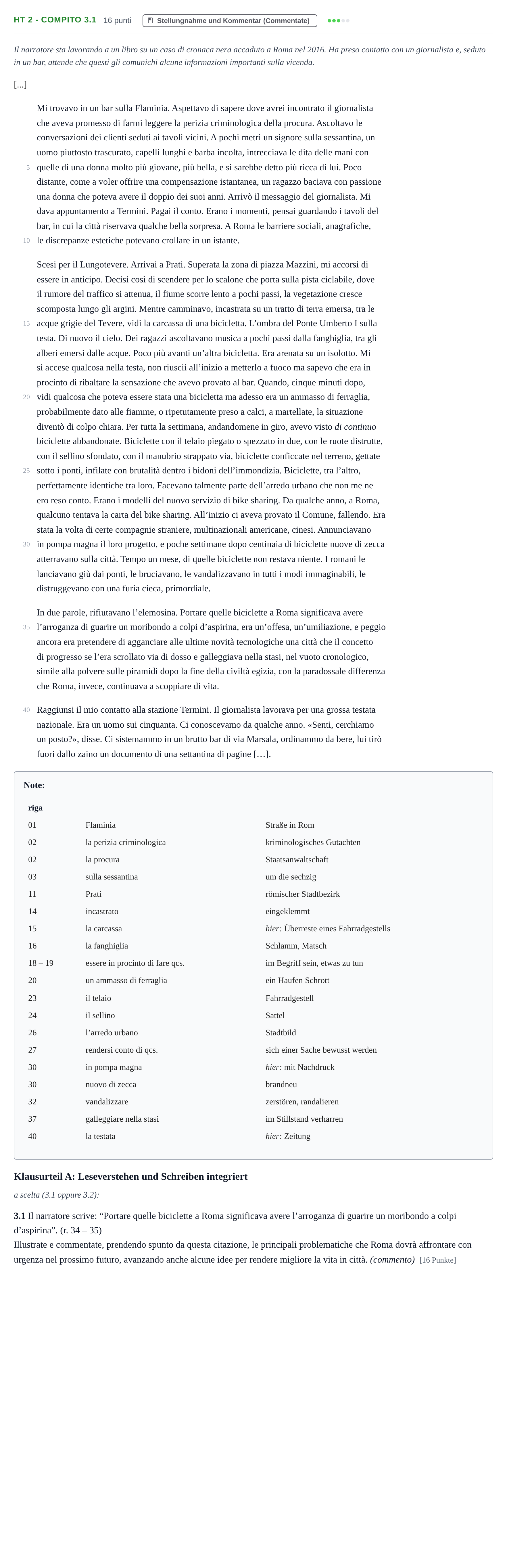 Aufgabenstellung: Aufgabe HT 2 - Compito 3.1 · Abitur NRW Italienisch GK · Haupttermin · fortgeführt 2022