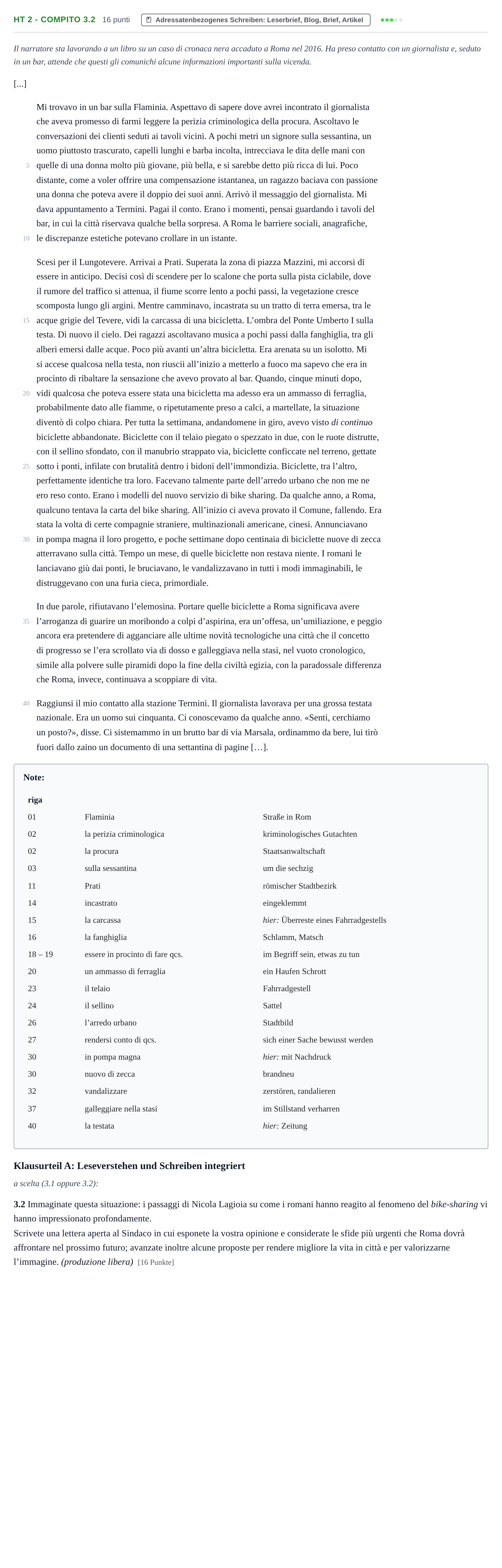 Aufgabenstellung: Aufgabe HT 2 - Compito 3.2 · Abitur NRW Italienisch GK · Haupttermin · fortgeführt 2022