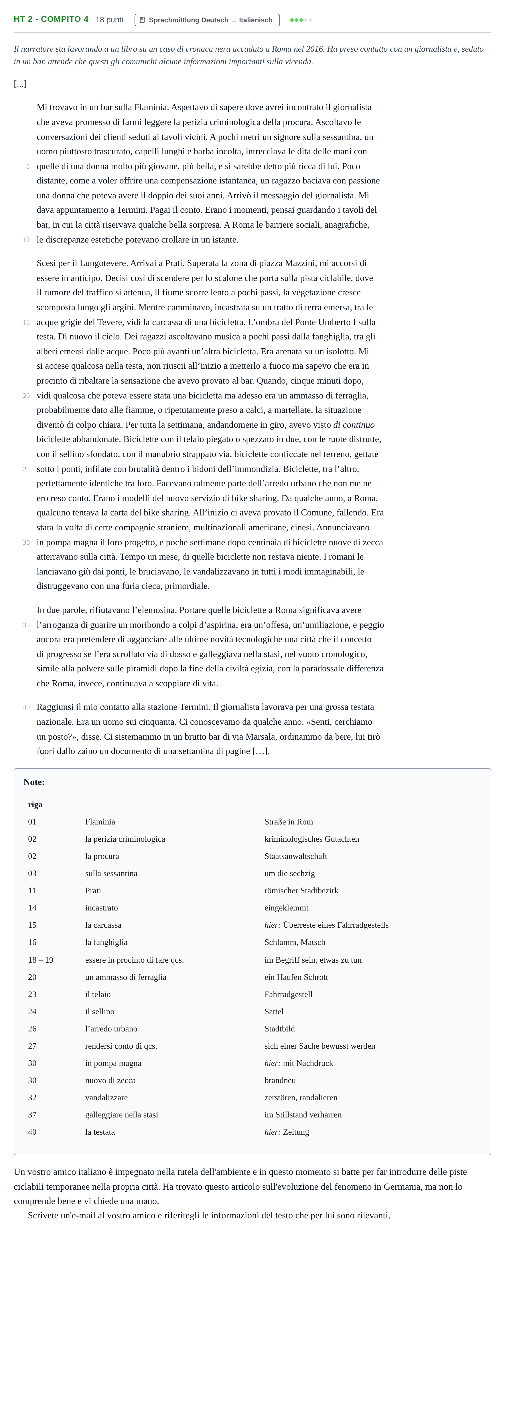 Aufgabenstellung: Aufgabe HT 2 - Compito 4 · Abitur NRW Italienisch GK · Haupttermin · fortgeführt 2022