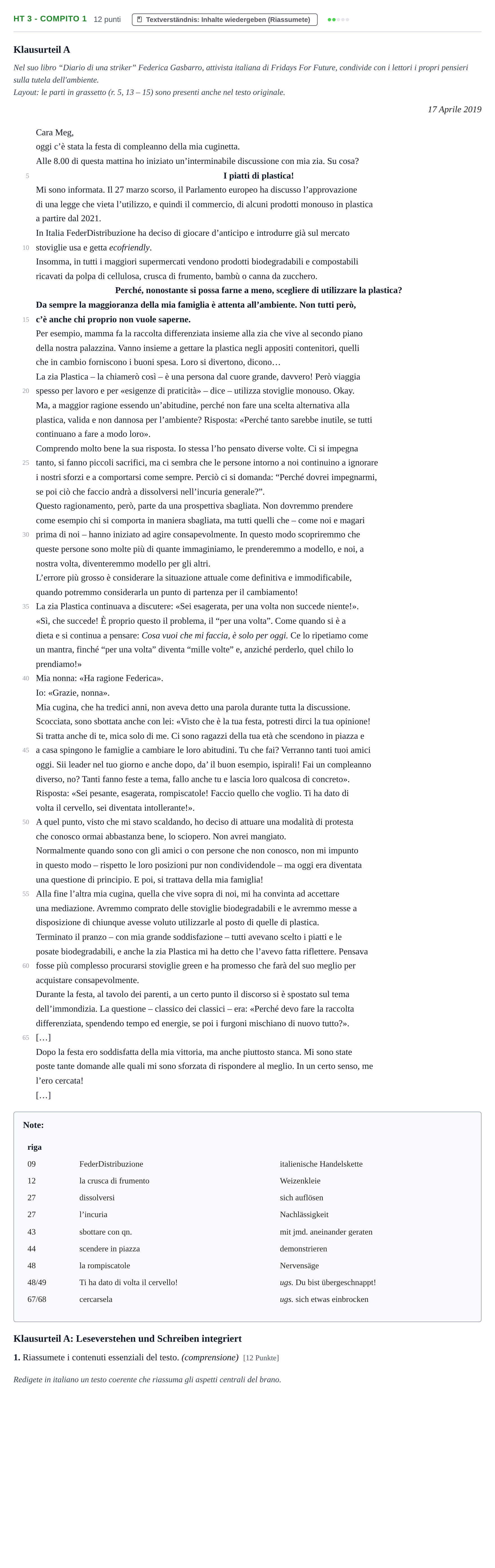 Aufgabenstellung: Aufgabe HT 3 - Compito 1 · Abitur NRW Italienisch GK · Haupttermin · fortgeführt 2022