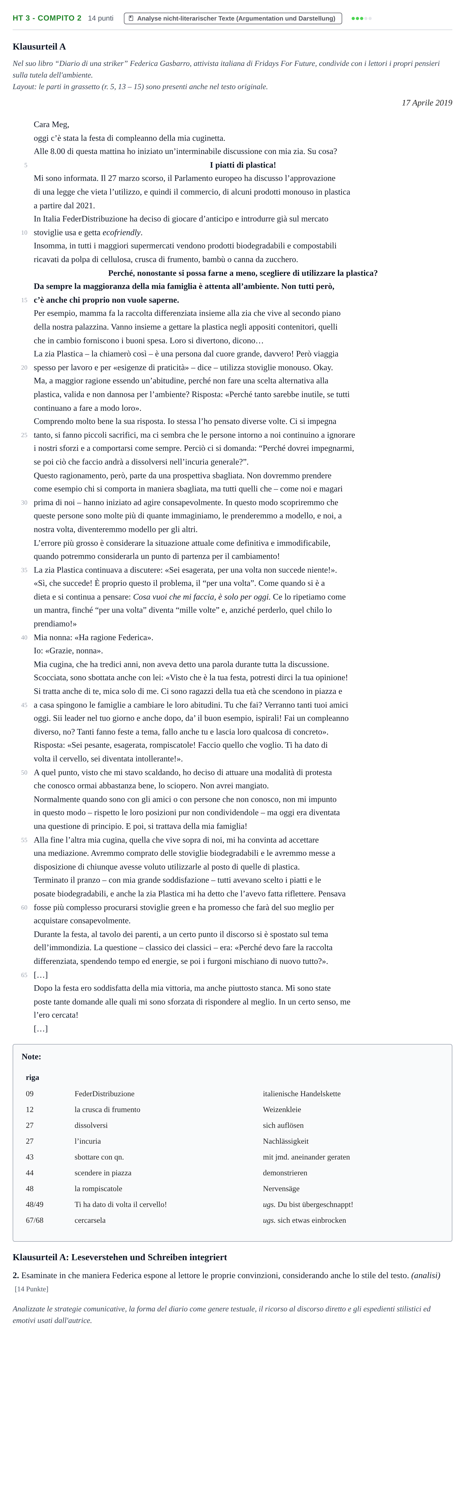 Aufgabenstellung: Aufgabe HT 3 - Compito 2 · Abitur NRW Italienisch GK · Haupttermin · fortgeführt 2022