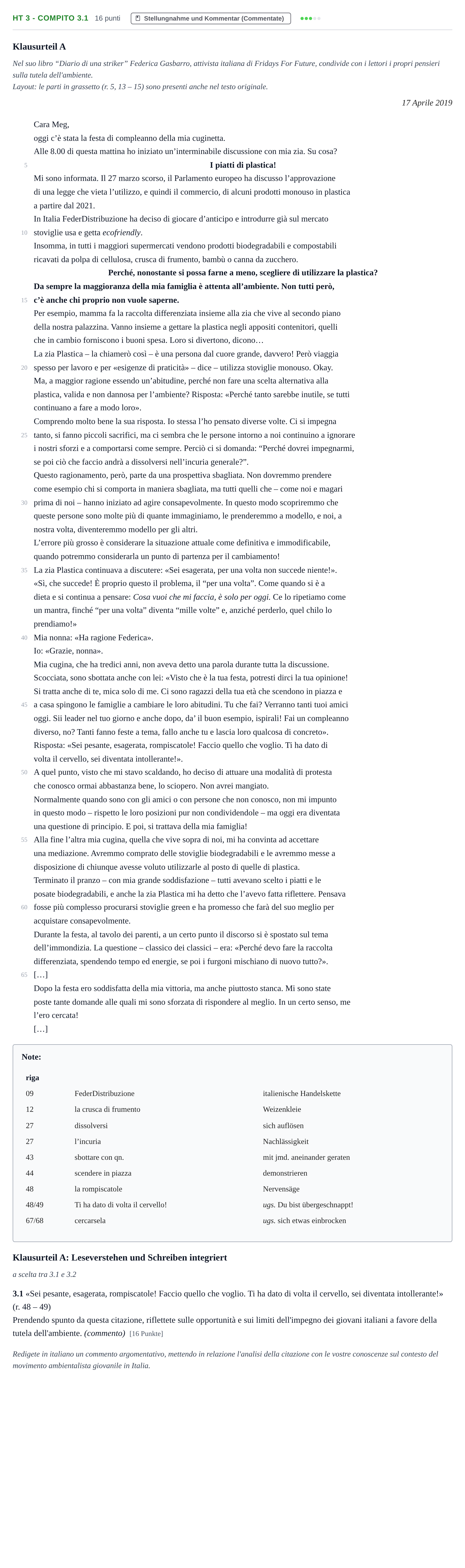 Aufgabenstellung: Aufgabe HT 3 - Compito 3.1 · Abitur NRW Italienisch GK · Haupttermin · fortgeführt 2022