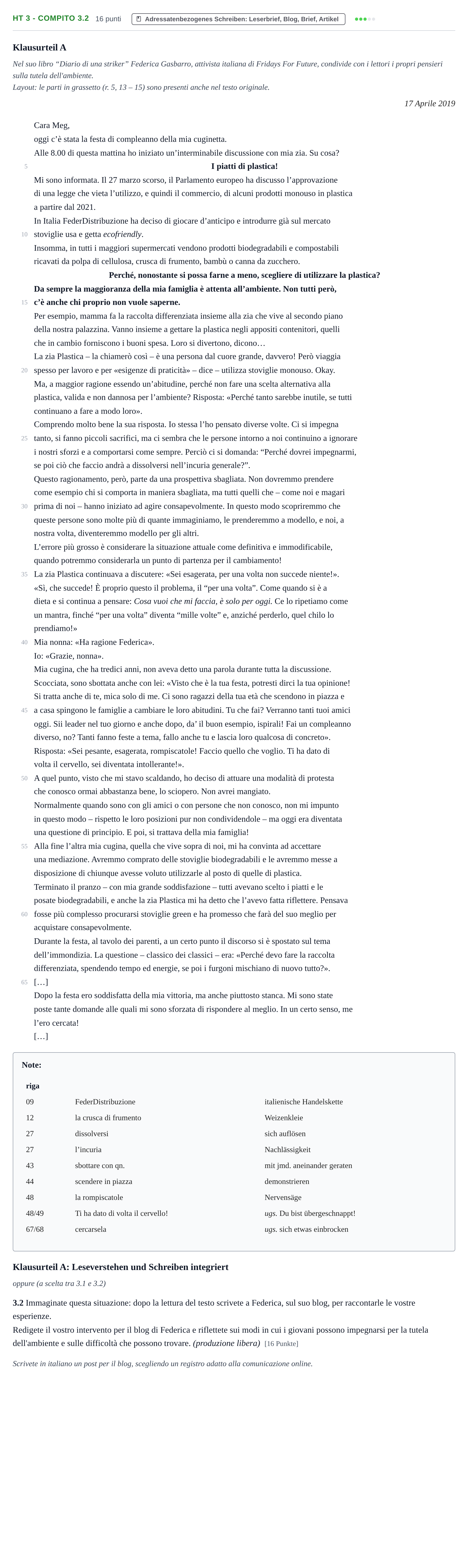 Aufgabenstellung: Aufgabe HT 3 - Compito 3.2 · Abitur NRW Italienisch GK · Haupttermin · fortgeführt 2022
