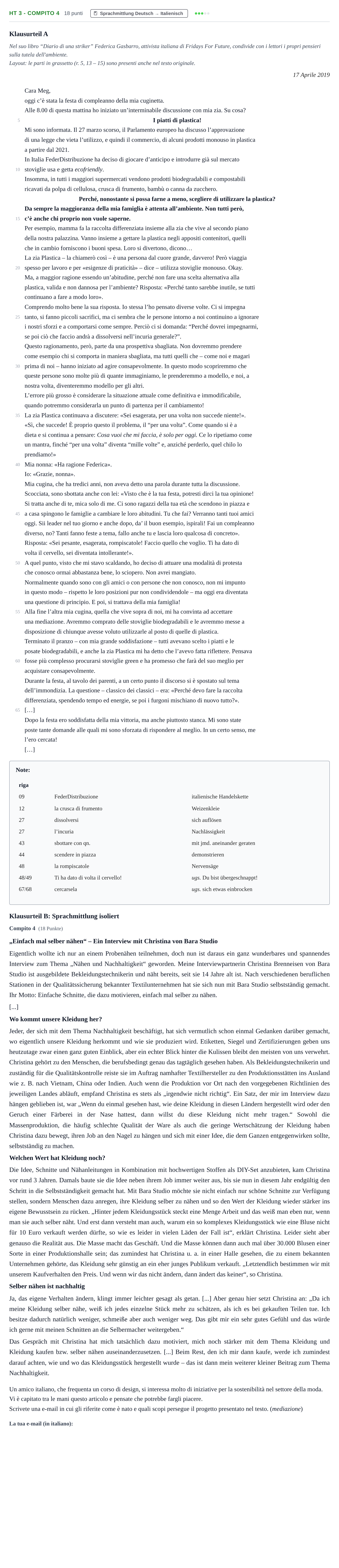 Aufgabenstellung: Aufgabe HT 3 - Compito 4 · Abitur NRW Italienisch GK · Haupttermin · fortgeführt 2022