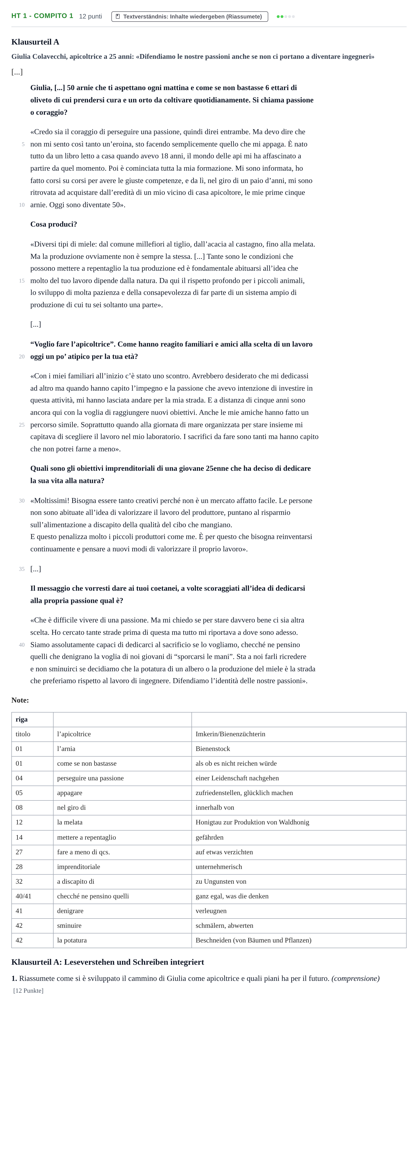 Aufgabenstellung: Aufgabe HT 1 - Compito 1 · Abitur NRW Italienisch GK · Haupttermin · neu einsetzend 2022