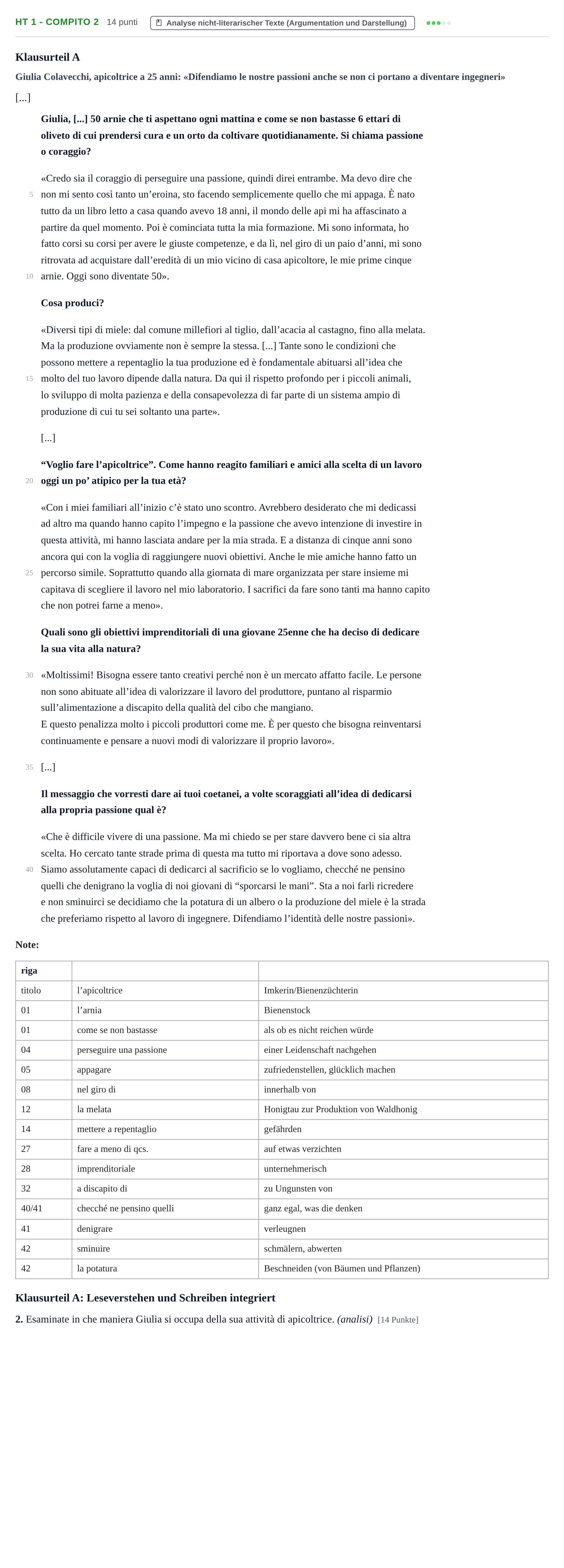 Aufgabenstellung: Aufgabe HT 1 - Compito 2 · Abitur NRW Italienisch GK · Haupttermin · neu einsetzend 2022
