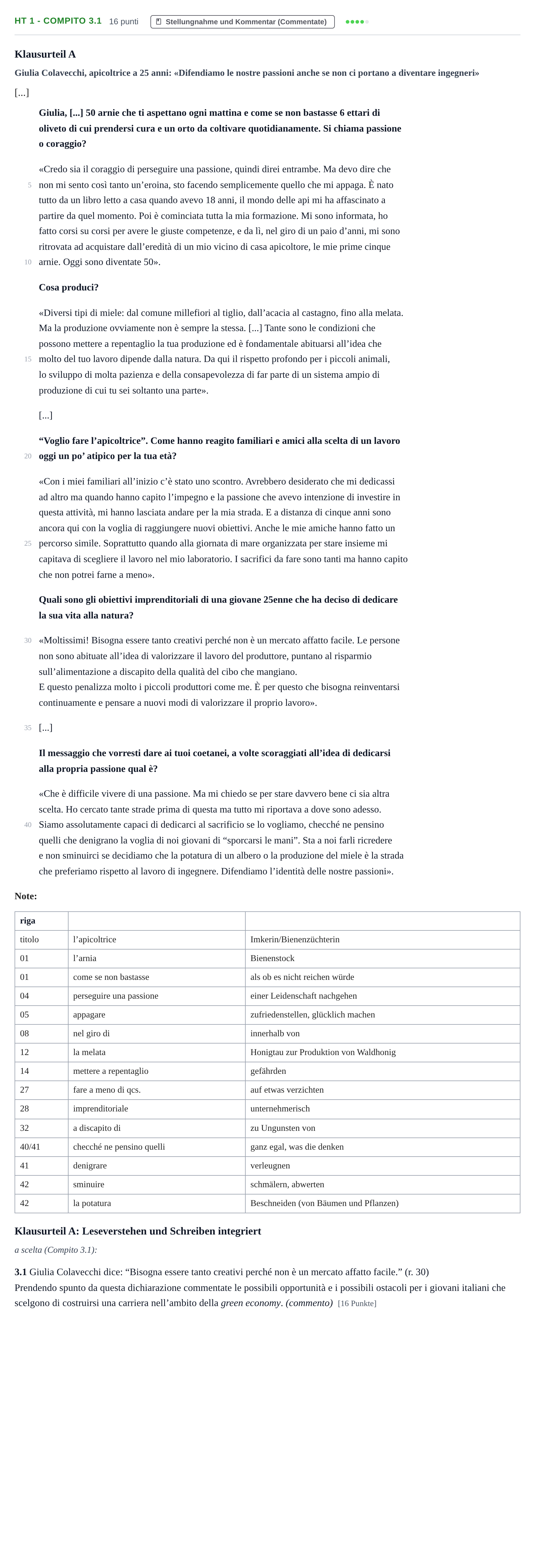 Aufgabenstellung: Aufgabe HT 1 - Compito 3.1 · Abitur NRW Italienisch GK · Haupttermin · neu einsetzend 2022