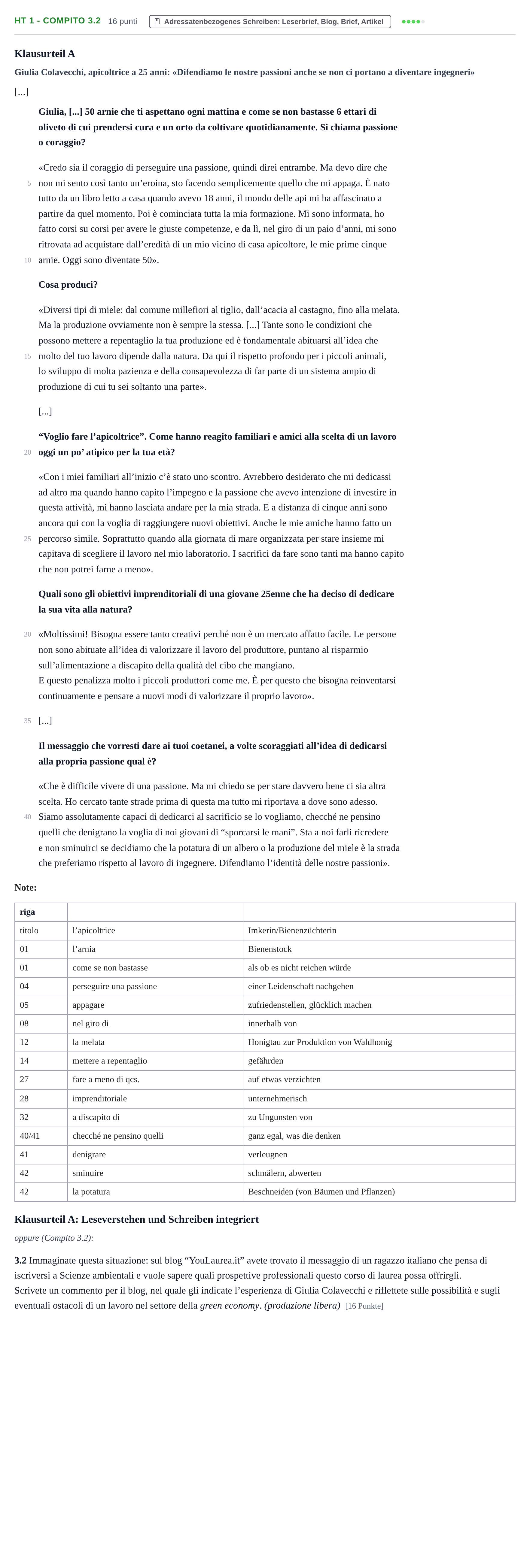 Aufgabenstellung: Aufgabe HT 1 - Compito 3.2 · Abitur NRW Italienisch GK · Haupttermin · neu einsetzend 2022