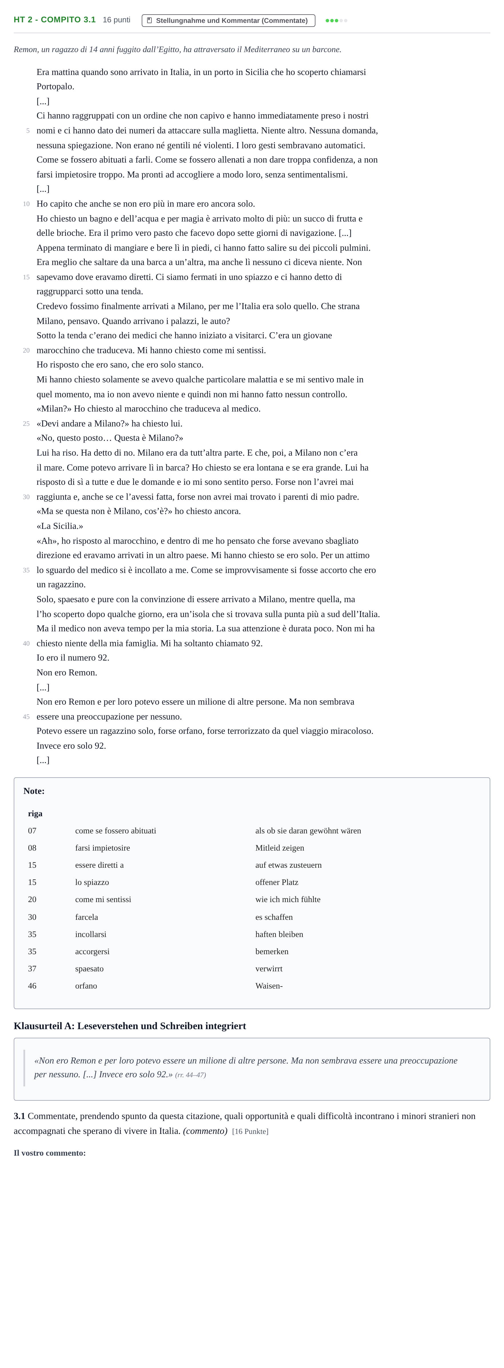 Aufgabenstellung: Aufgabe HT 2 - Compito 3.1 · Abitur NRW Italienisch GK · Haupttermin · neu einsetzend 2022