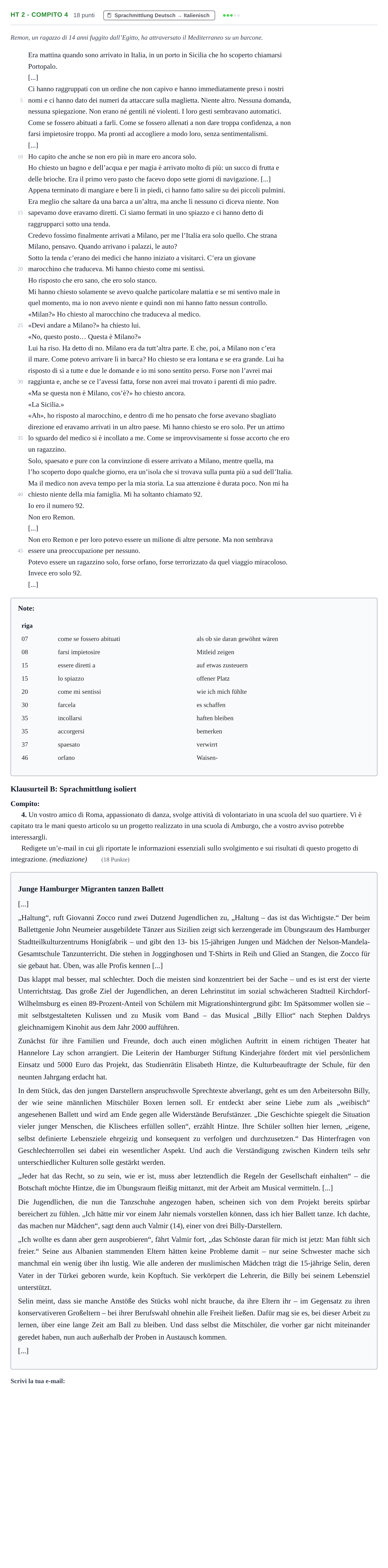 Aufgabenstellung: Aufgabe HT 2 - Compito 4 · Abitur NRW Italienisch GK · Haupttermin · neu einsetzend 2022