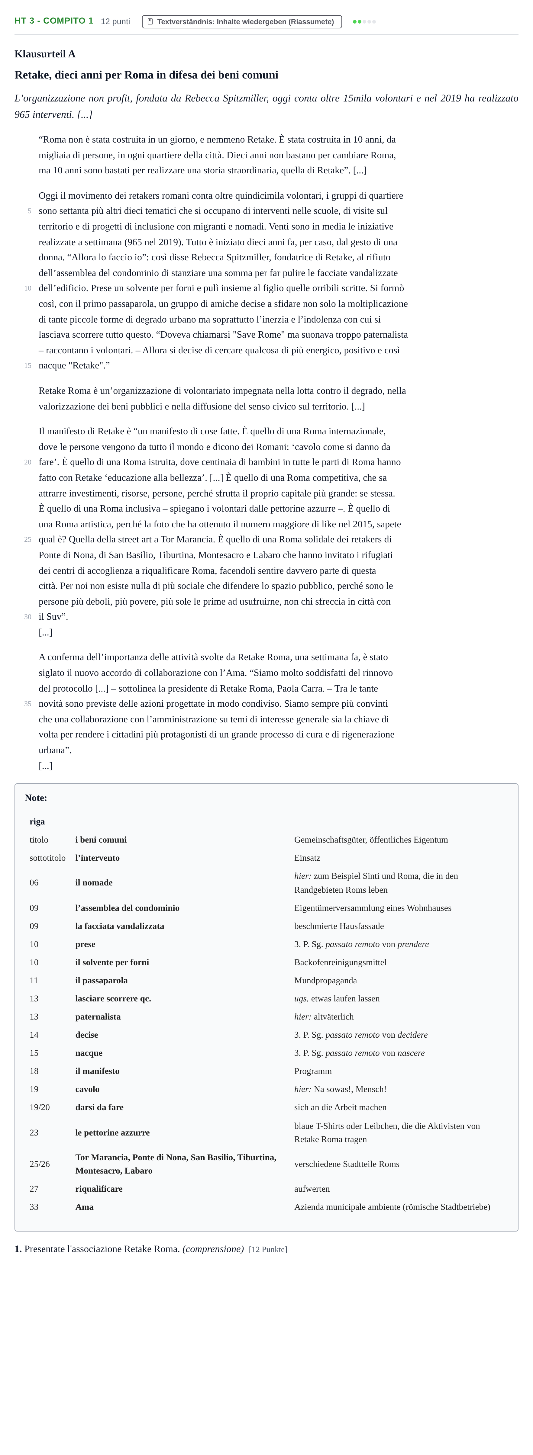 Aufgabenstellung: Aufgabe HT 3 - Compito 1 · Abitur NRW Italienisch GK · Haupttermin · neu einsetzend 2022