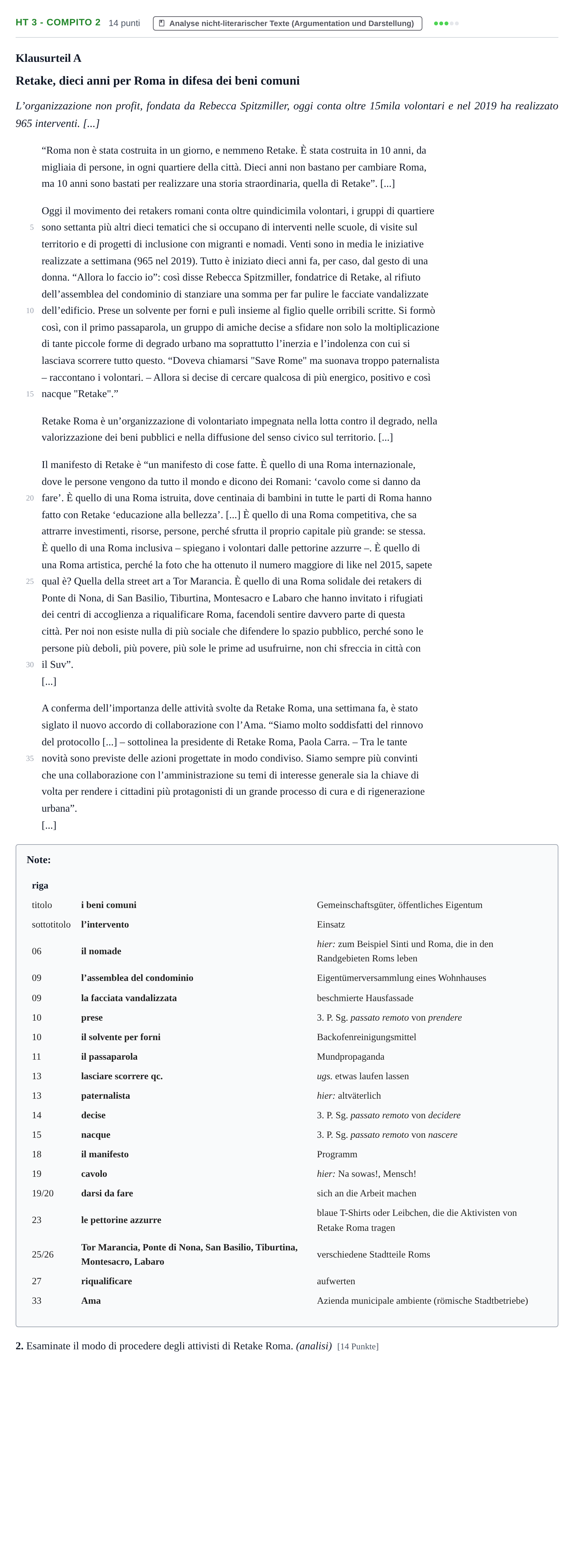 Aufgabenstellung: Aufgabe HT 3 - Compito 2 · Abitur NRW Italienisch GK · Haupttermin · neu einsetzend 2022