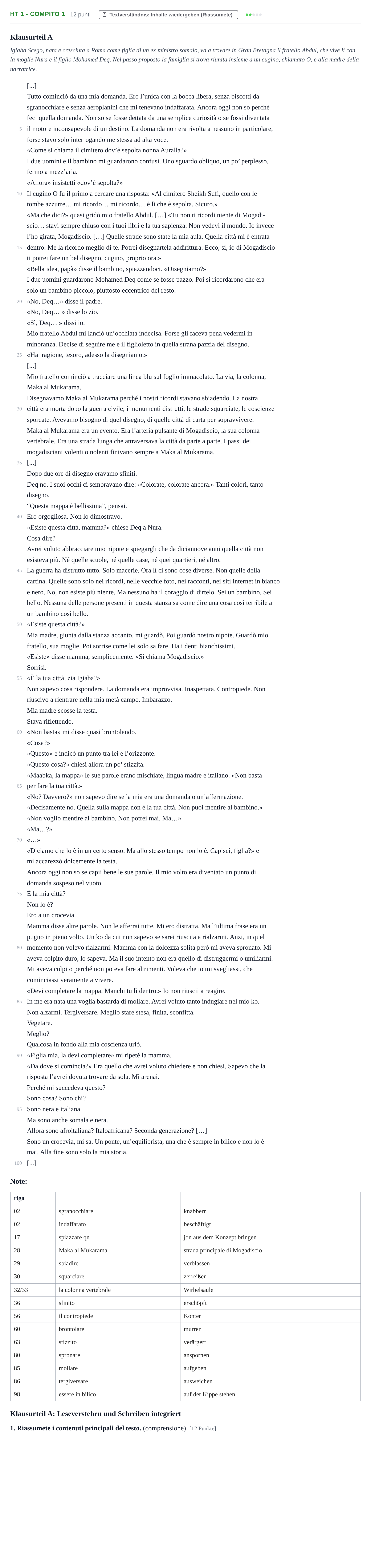 Aufgabenstellung: Aufgabe HT 1 - Compito 1 · Abitur NRW Italienisch LK · Haupttermin · fortgeführt 2022