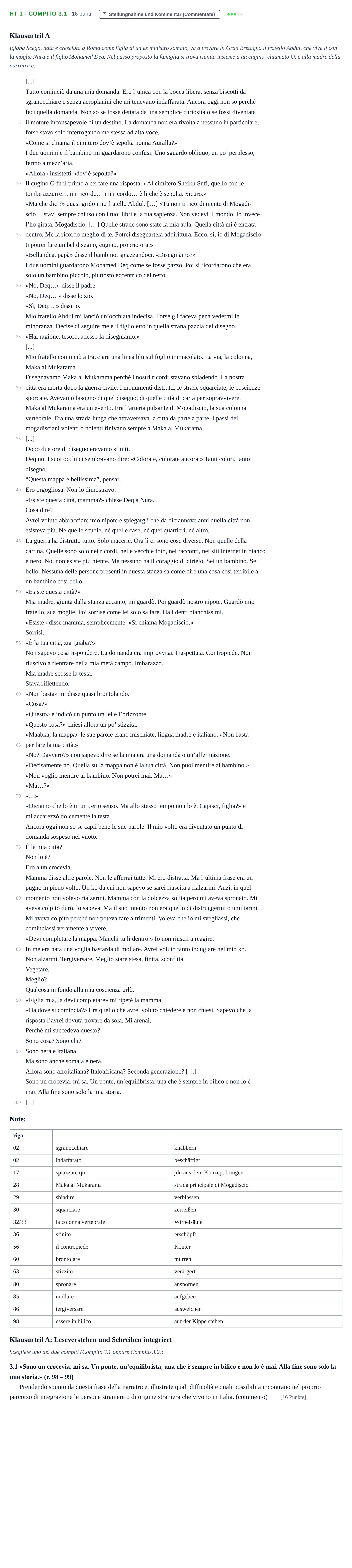 Aufgabenstellung: Aufgabe HT 1 - Compito 3.1 · Abitur NRW Italienisch LK · Haupttermin · fortgeführt 2022