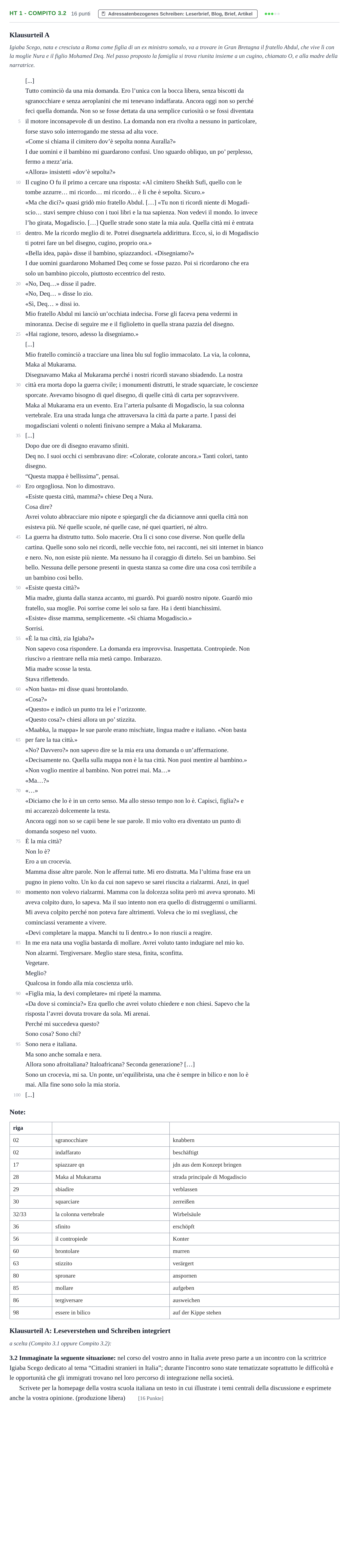 Aufgabenstellung: Aufgabe HT 1 - Compito 3.2 · Abitur NRW Italienisch LK · Haupttermin · fortgeführt 2022