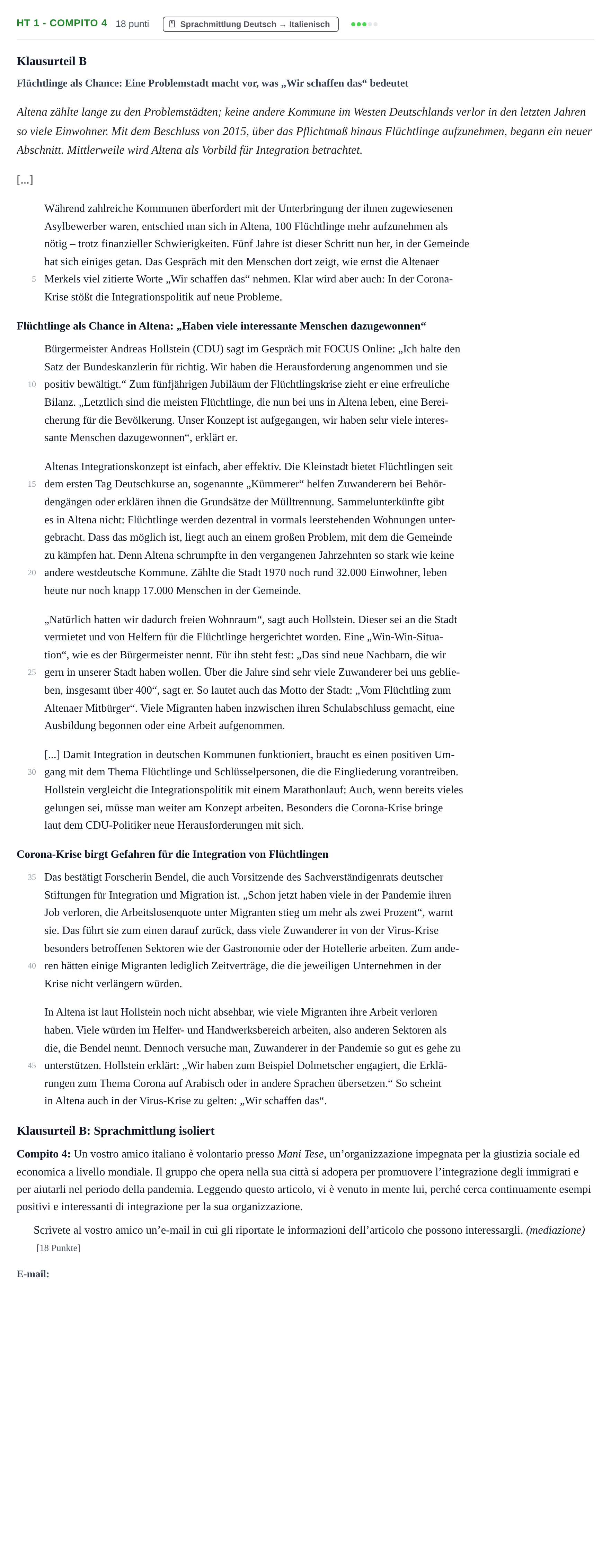 Aufgabenstellung: Aufgabe HT 1 - Compito 4 · Abitur NRW Italienisch LK · Haupttermin · fortgeführt 2022