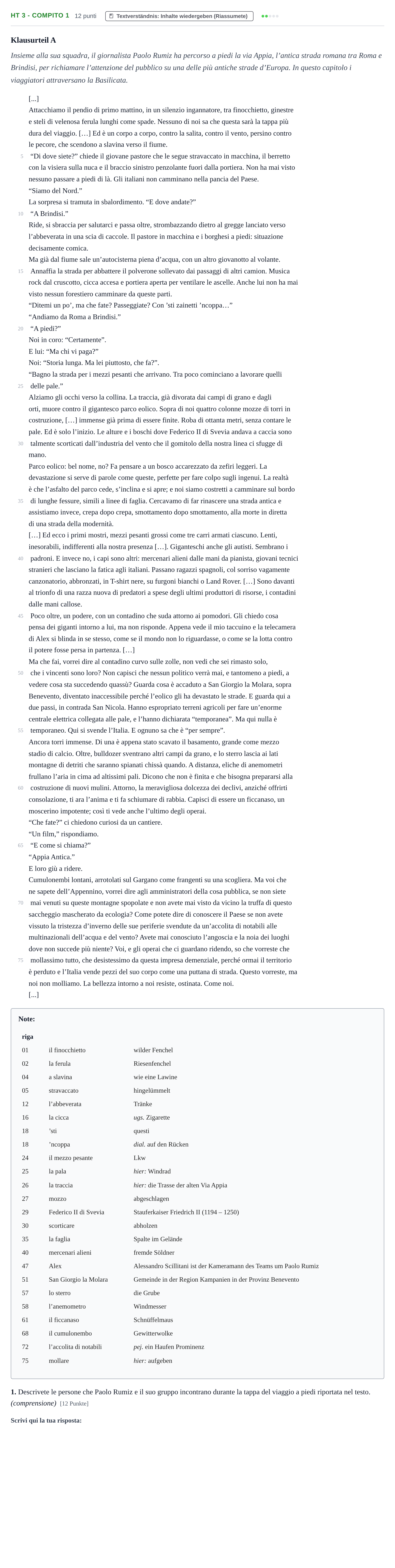 Aufgabenstellung: Aufgabe HT 3 - Compito 1 · Abitur NRW Italienisch LK · Haupttermin · fortgeführt 2022