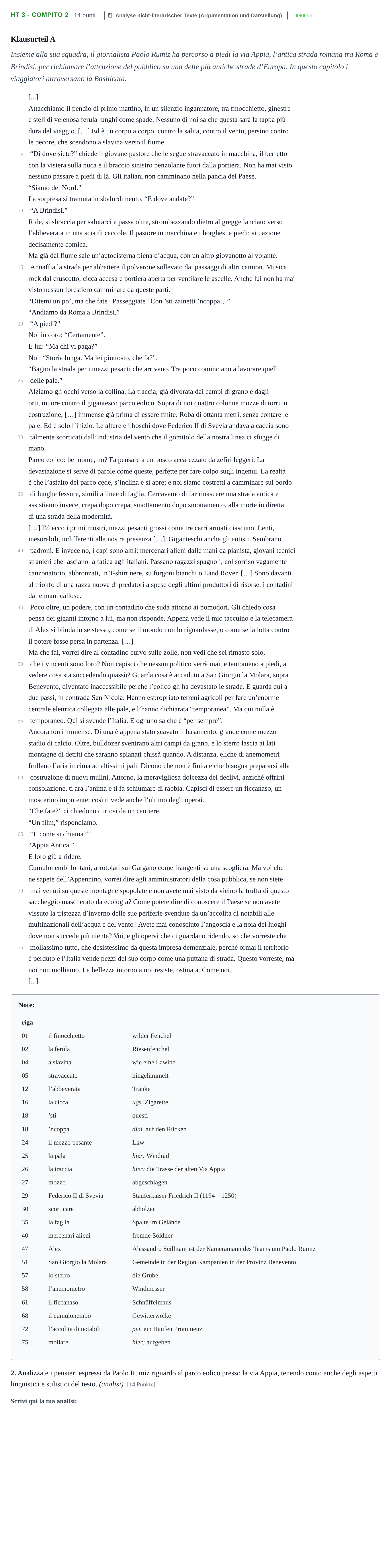 Aufgabenstellung: Aufgabe HT 3 - Compito 2 · Abitur NRW Italienisch LK · Haupttermin · fortgeführt 2022