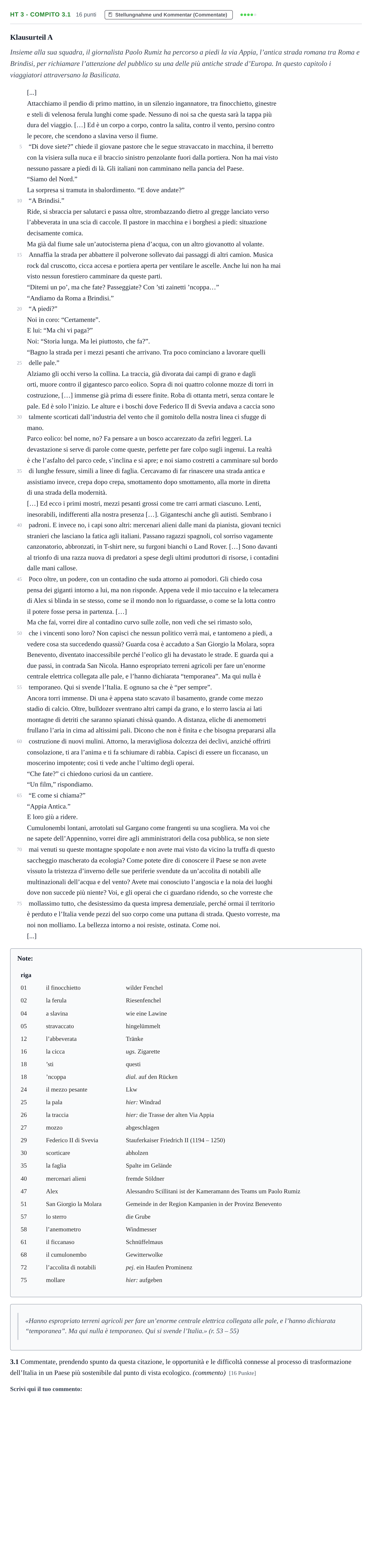 Aufgabenstellung: Aufgabe HT 3 - Compito 3.1 · Abitur NRW Italienisch LK · Haupttermin · fortgeführt 2022