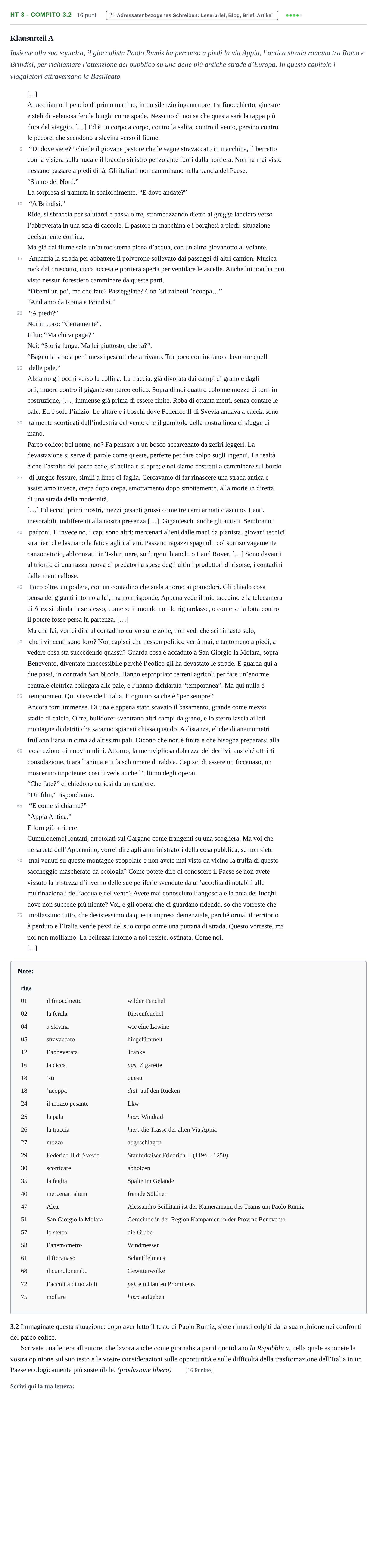 Aufgabenstellung: Aufgabe HT 3 - Compito 3.2 · Abitur NRW Italienisch LK · Haupttermin · fortgeführt 2022